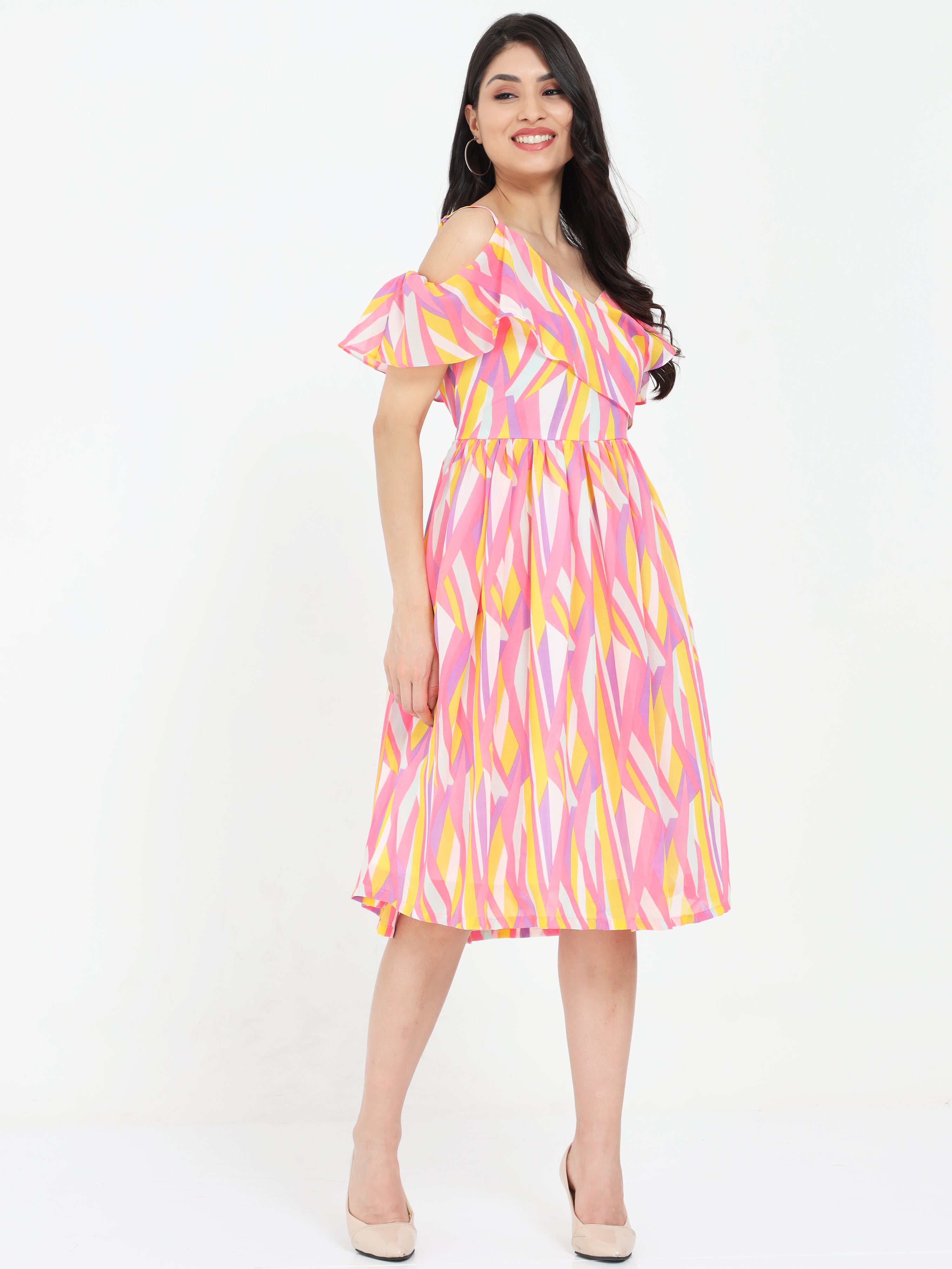 Sweet16 - Abstract Print Multi Layer Frilled Neck Cold Shoulder Strap Dress