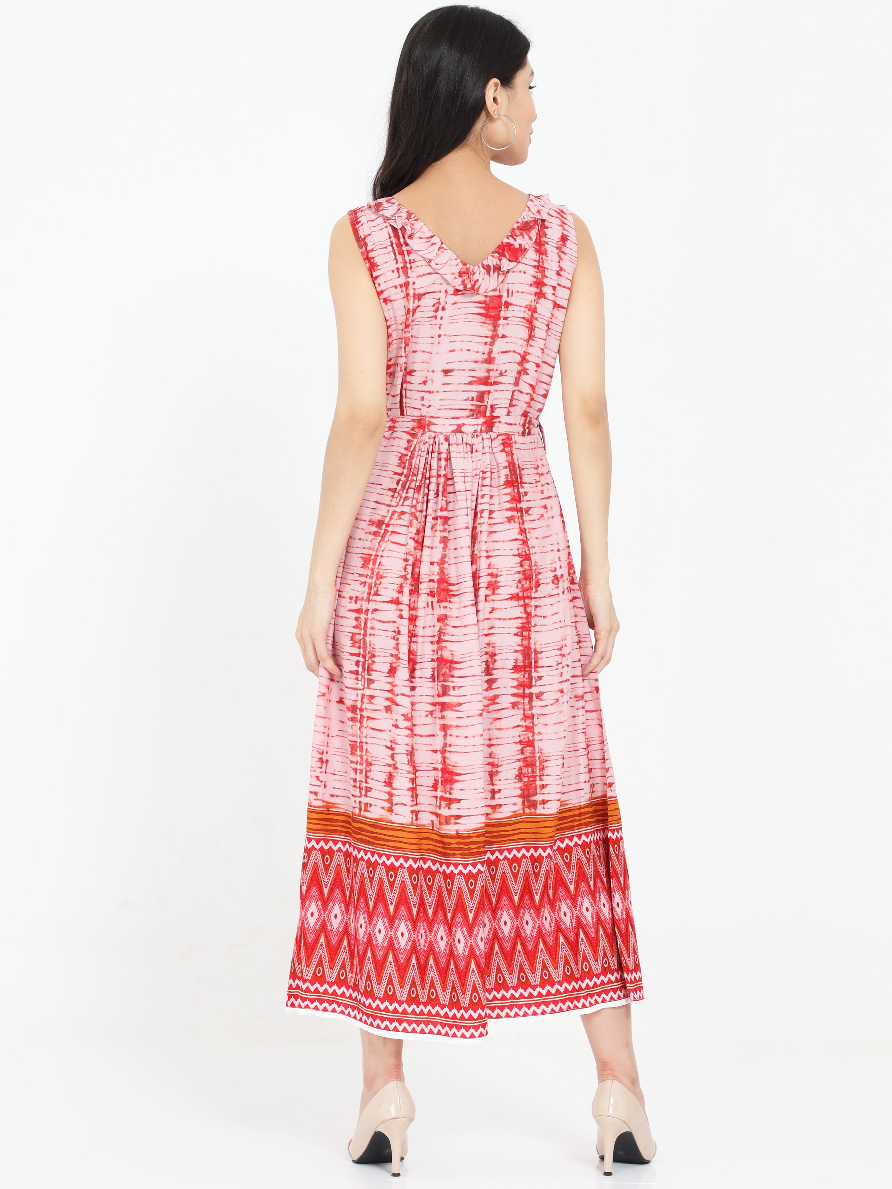 Abstract Printed Border Frilled Wrap Belted Dress