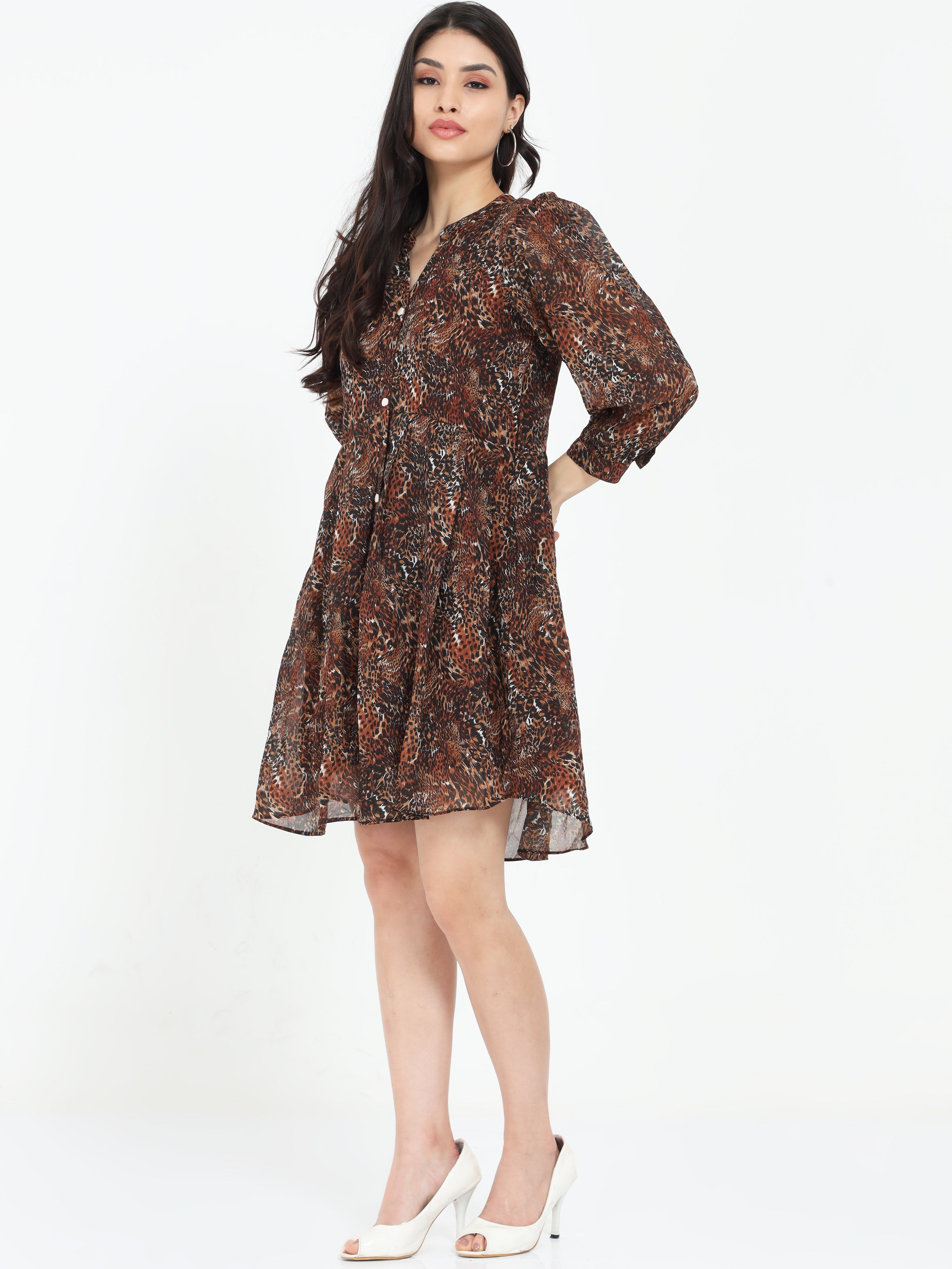 The Trendy Treasure - Animal Print Style Chinese Collar and Button Cuff Sleeve Dress