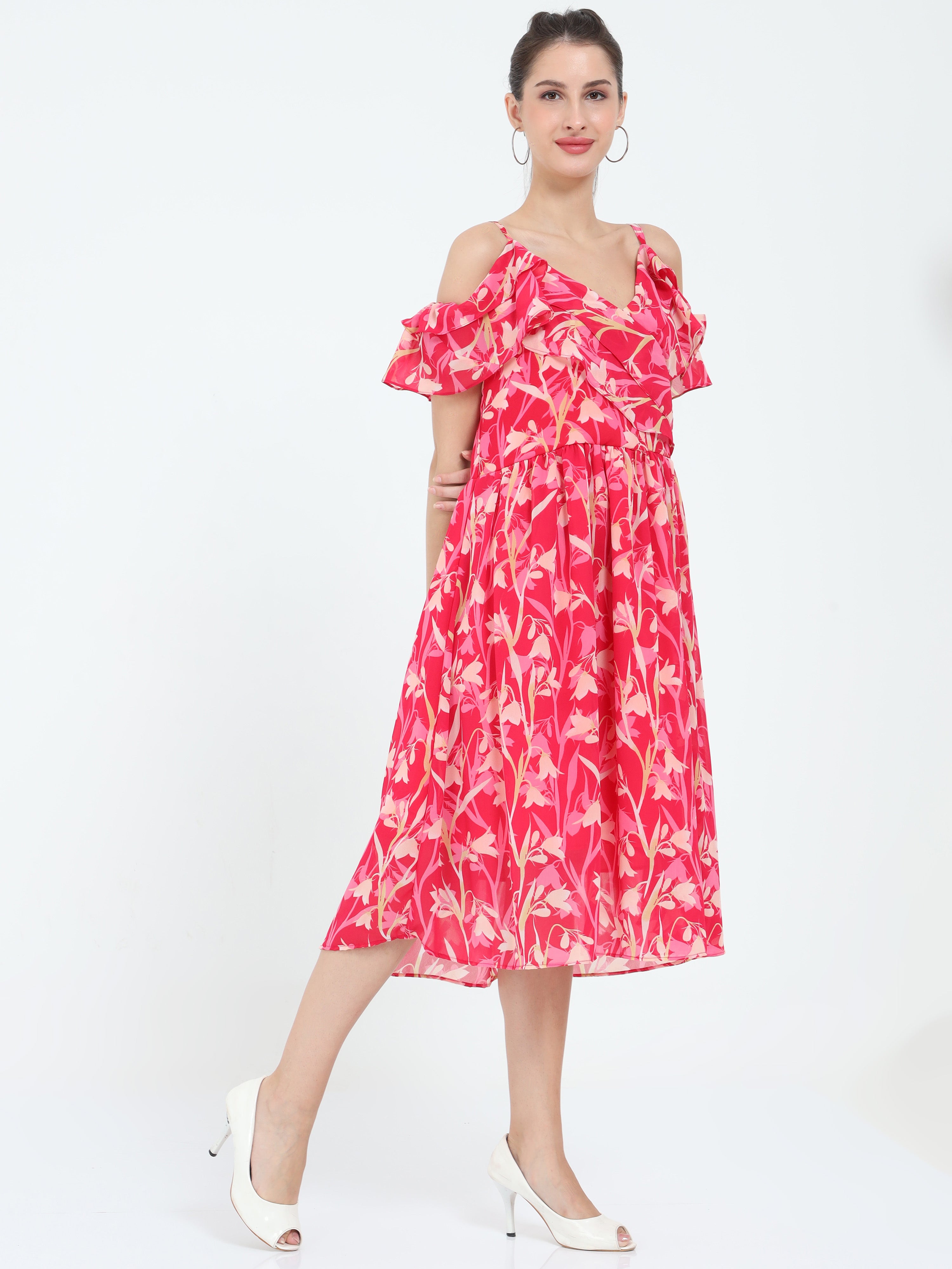 The Trendy Treasure - Botanical Printed Strap Shoulder Elegant Multi Layer Frilled Dress