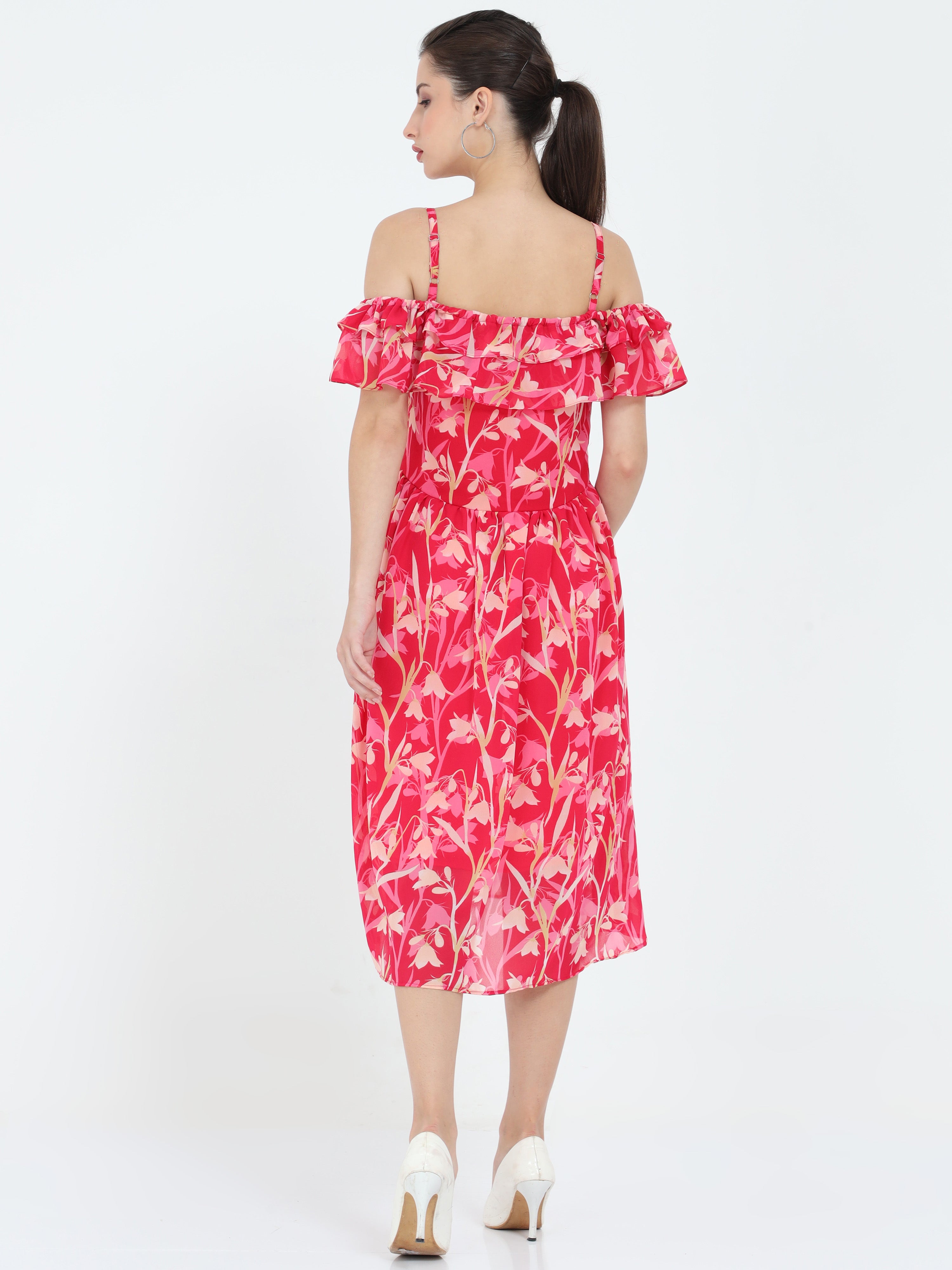 The Trendy Treasure - Botanical Printed Strap Shoulder Elegant Multi Layer Frilled Dress