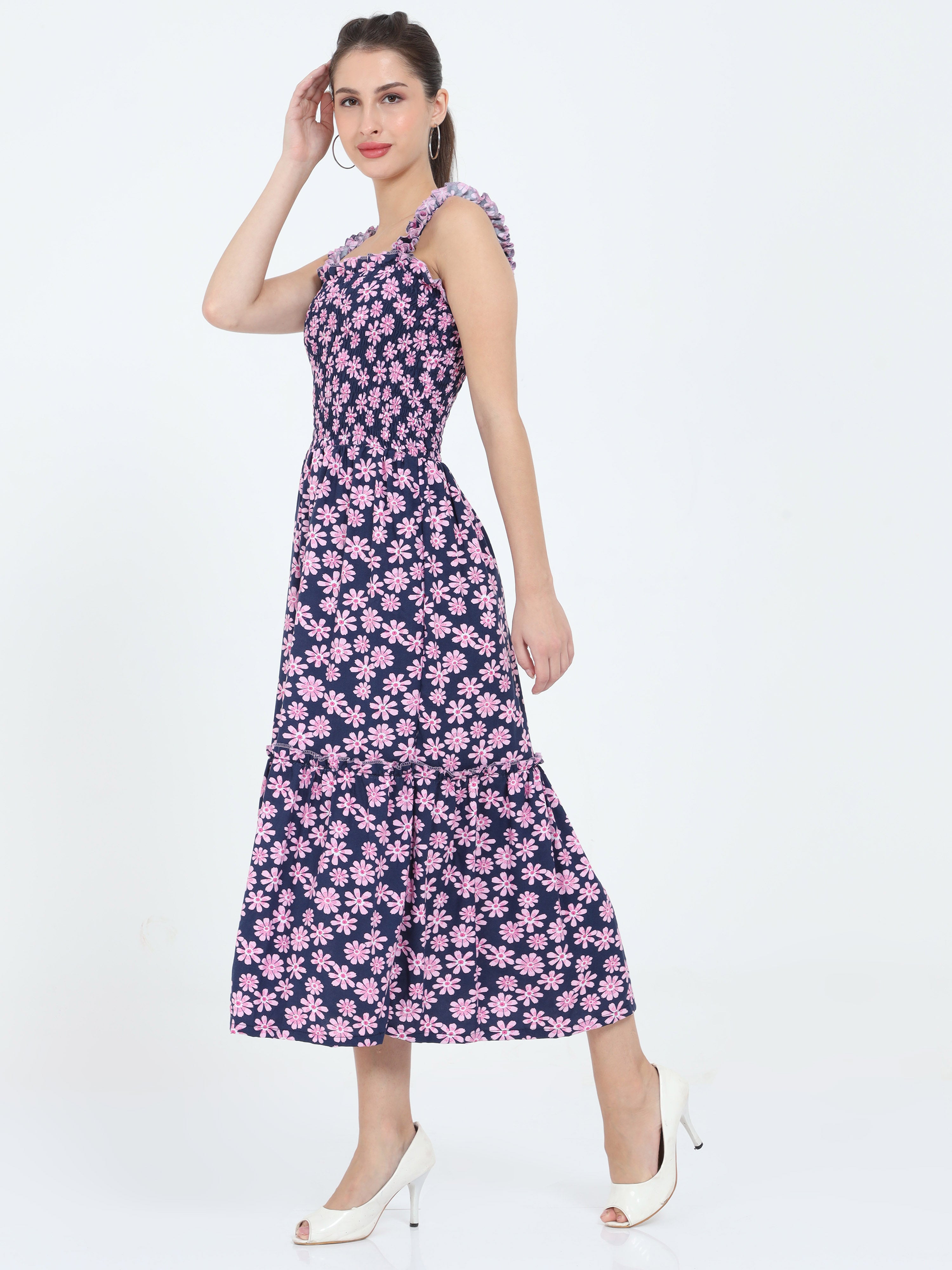 Smocked Elastic Shoulder Frill Maxi Style Floral Dress