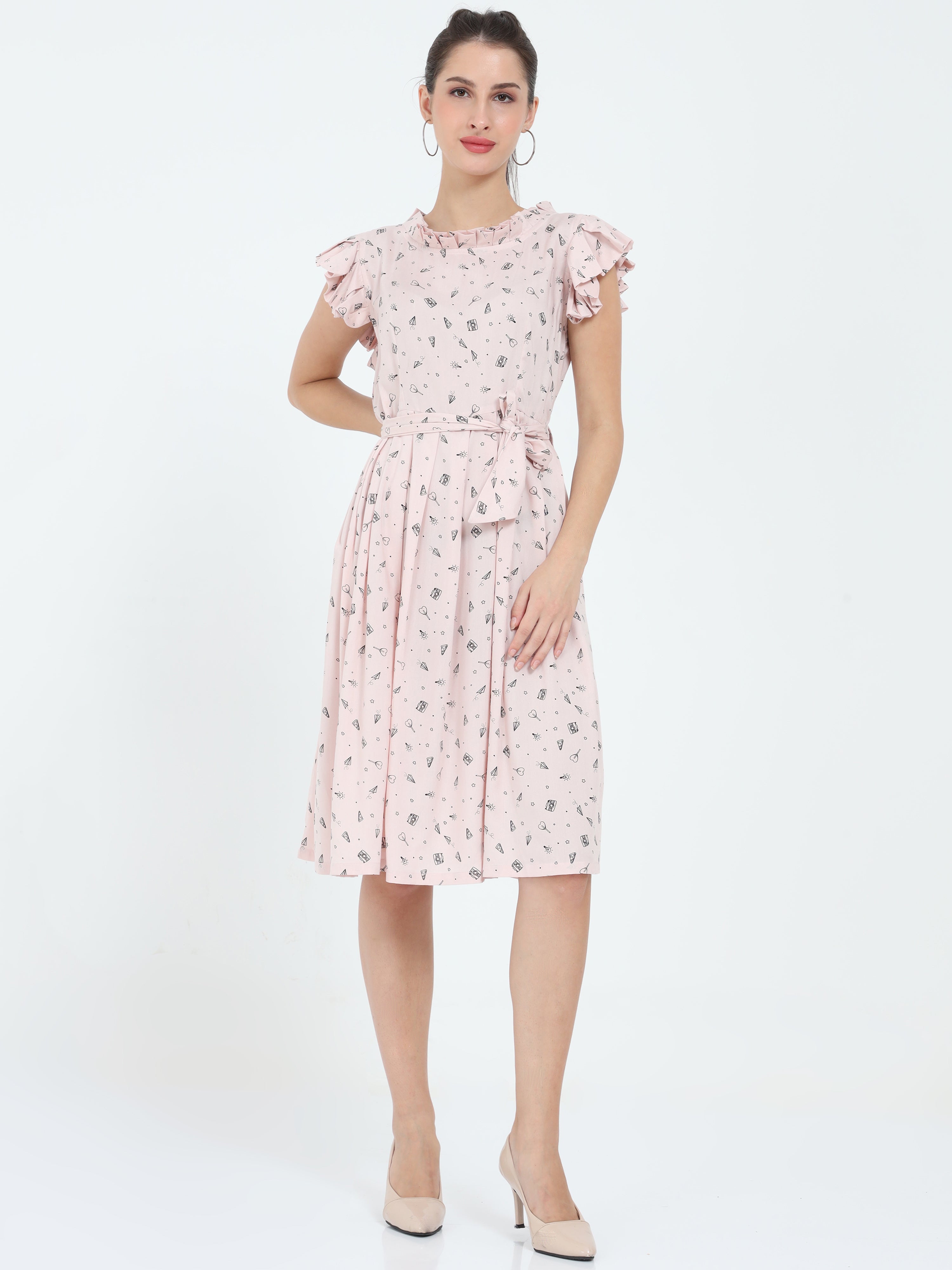 Allover Print Pleated Neck and Sleeves Belted Dress