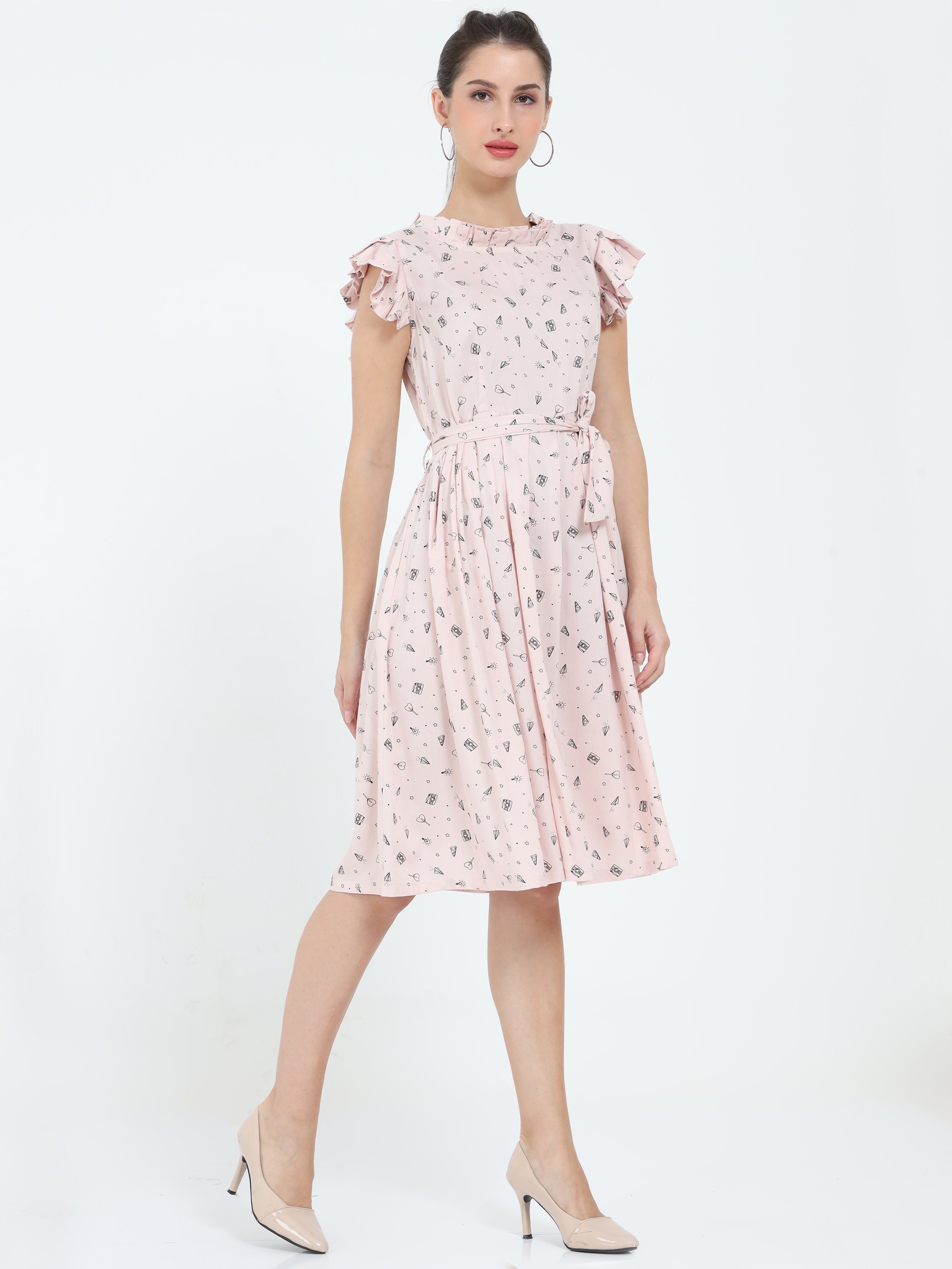 Allover Print Pleated Neck and Sleeves Belted Dress