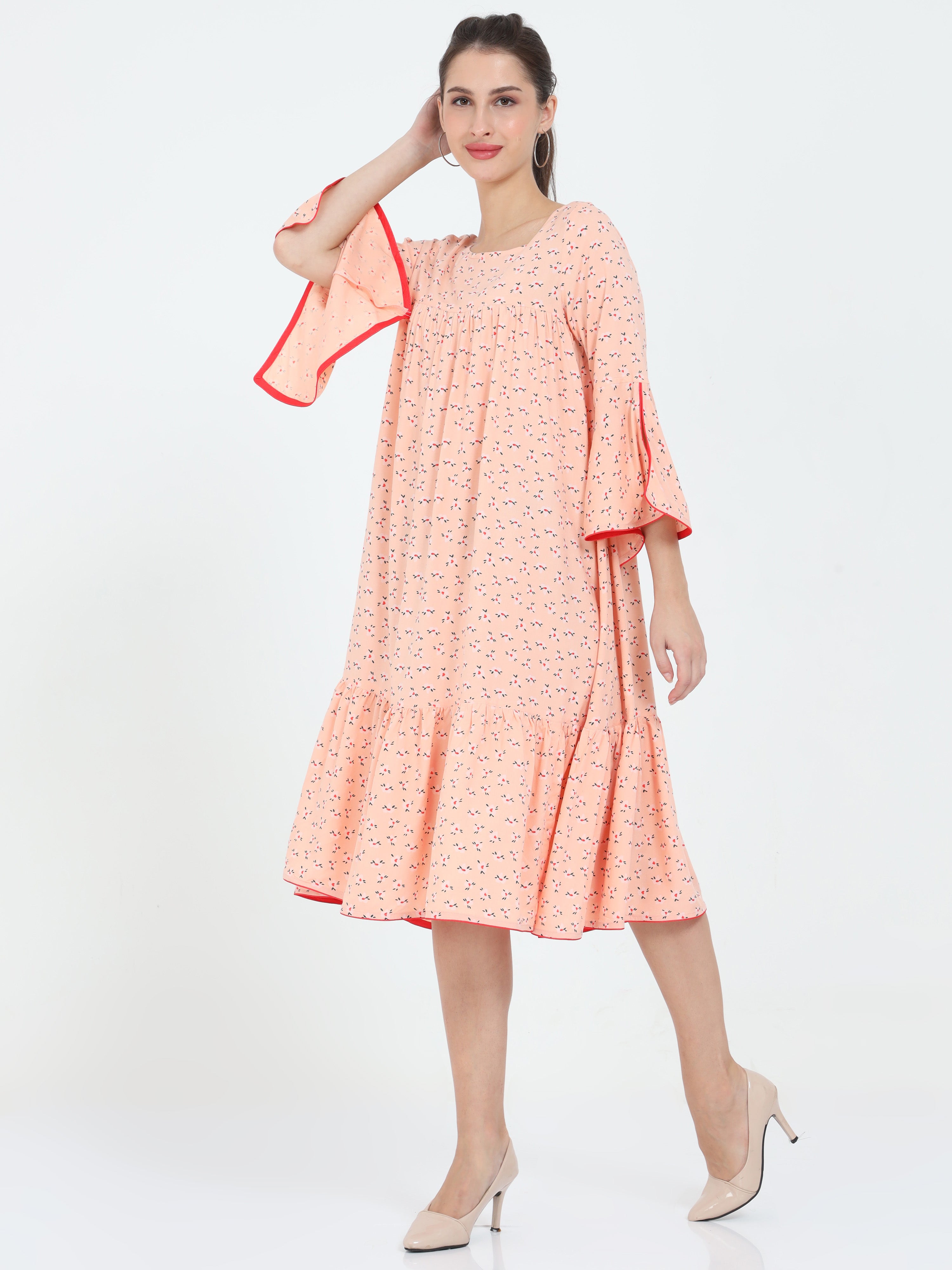 Fashionista - Allover Floral A-line Boat Neck Balloon Slit Sleeved Gathered dress
