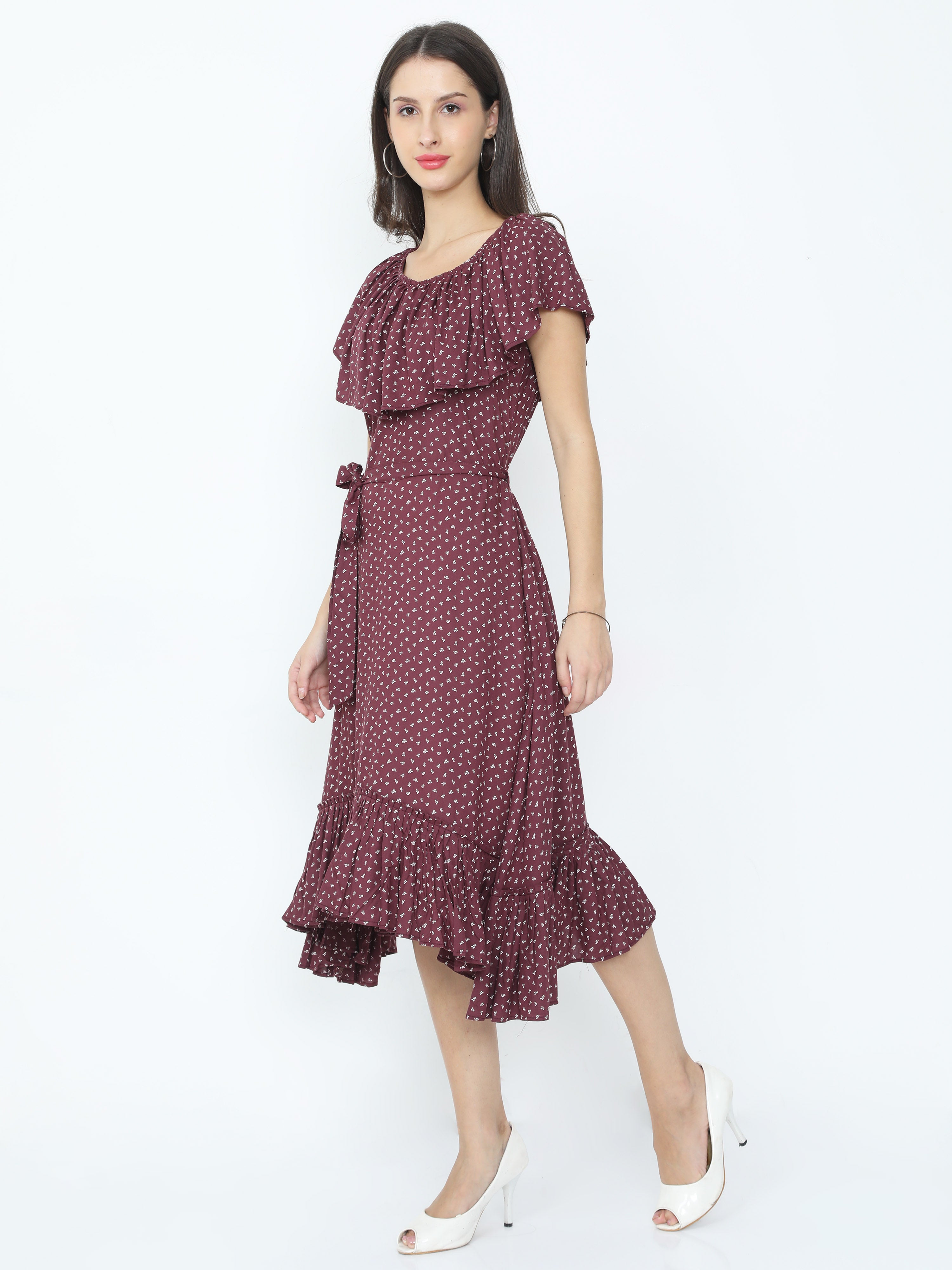 The Trendy Treasure - Allover Print Multi Layer Medi Length Frilled Gathered Belted Dress