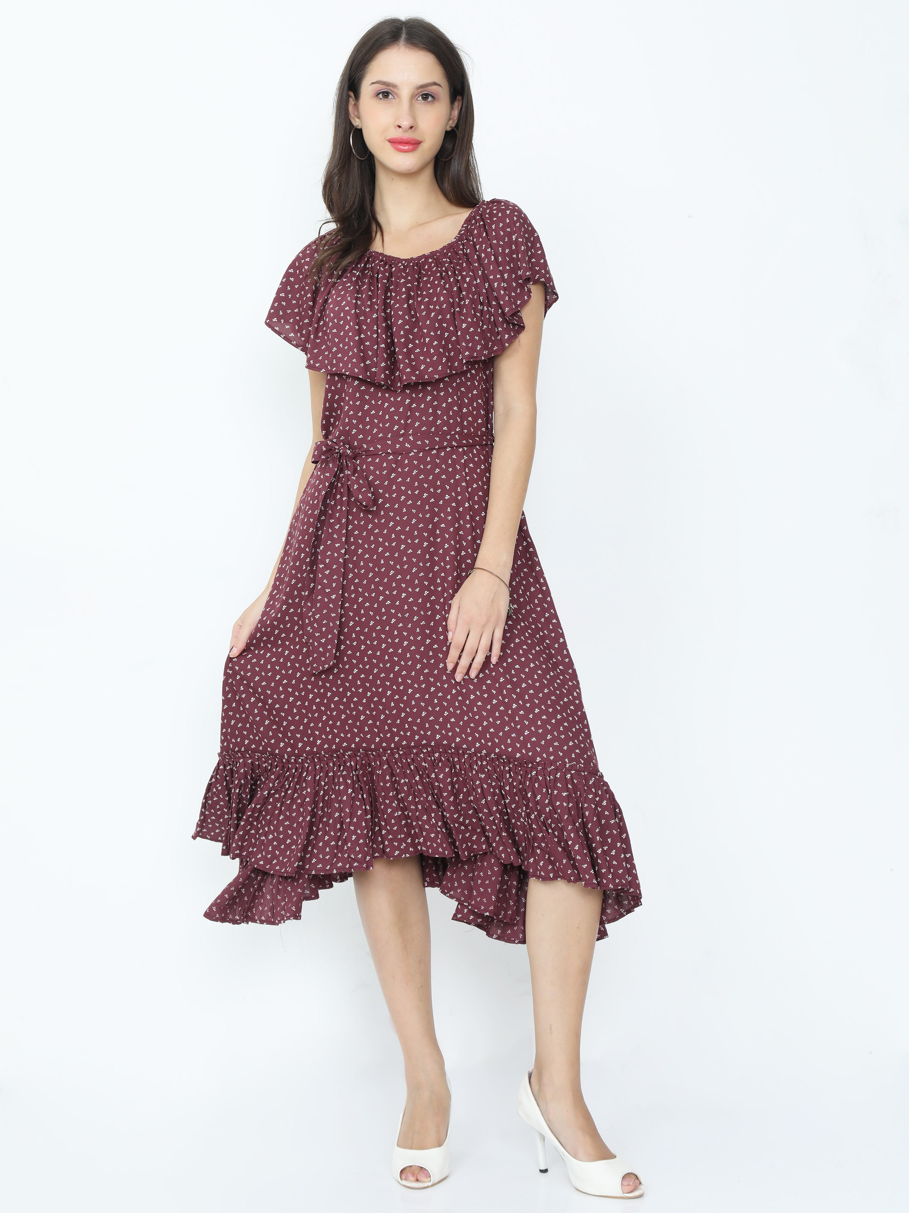 The Trendy Treasure - Allover Print Multi Layer Medi Length Frilled Gathered Belted Dress