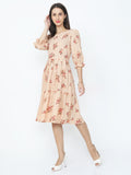 Allover Floral Striped Ballon Puff Sleeves Boat Neck Lapel Button A-line Gather Dress
