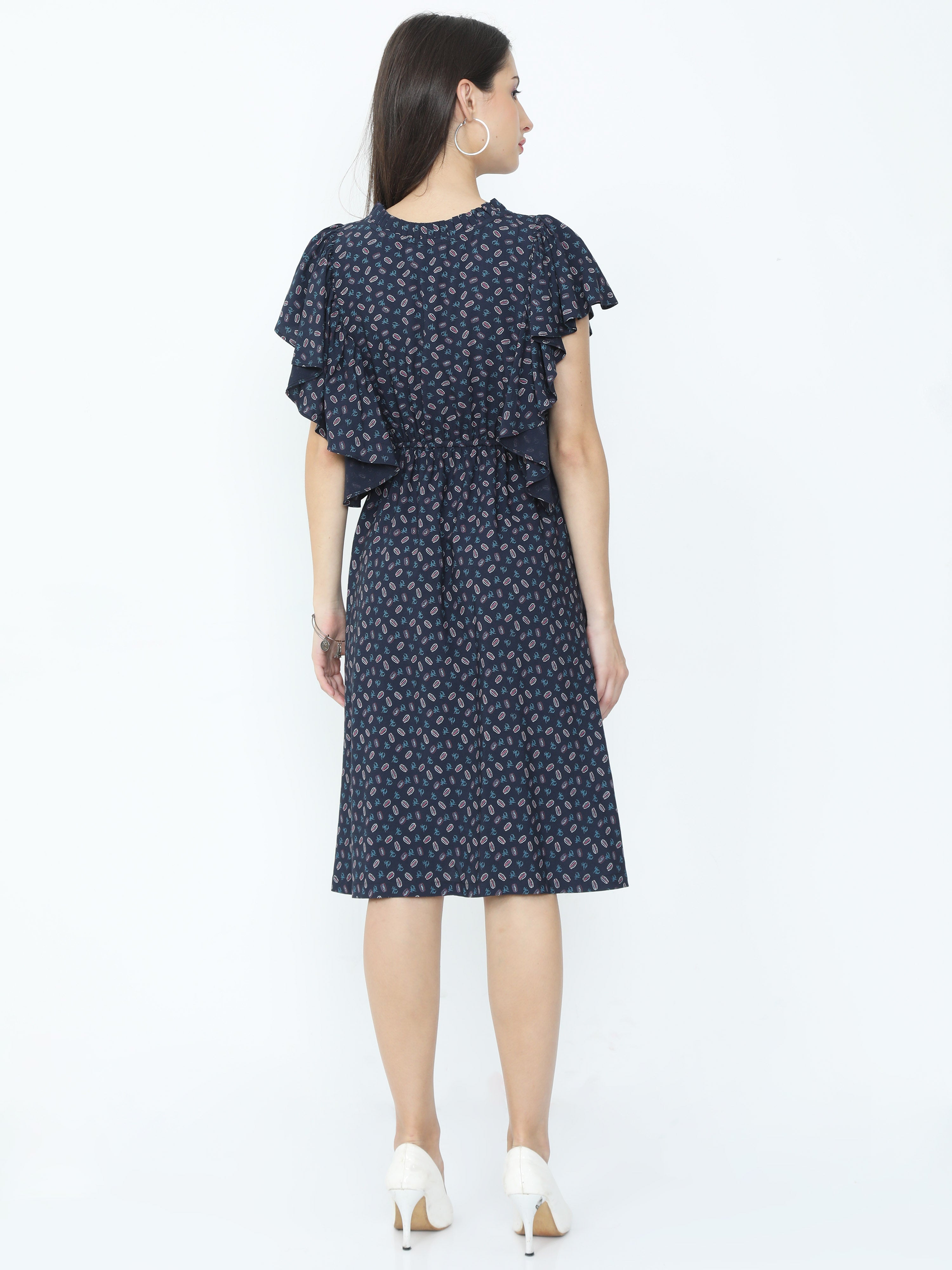 Sweet16 - A-line Ruffle Frilled Shoulder Sleeves Elegant Printed Dress