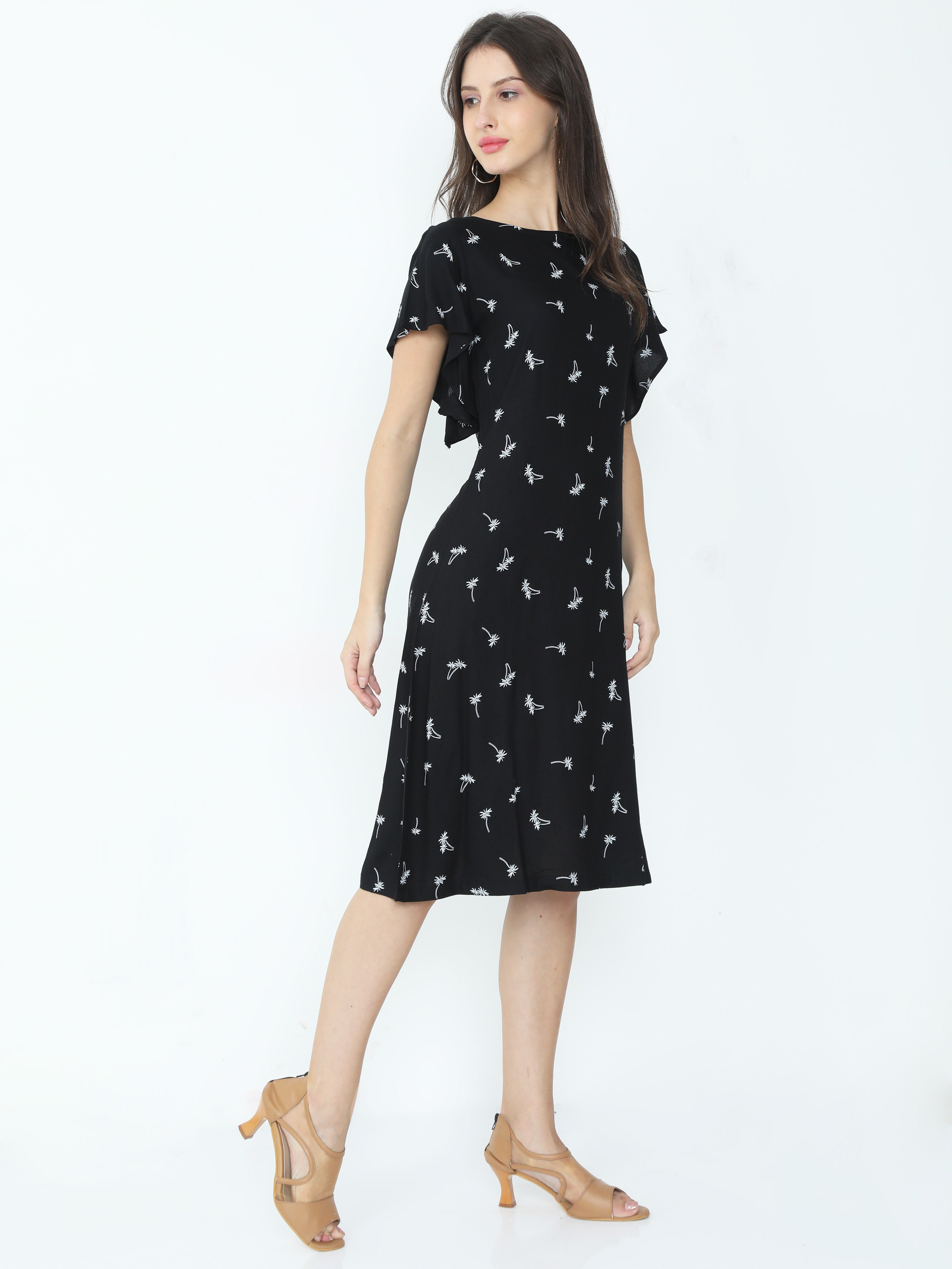 Elegant Office Wear Printed Butterfly Frilled Sleeves Keyhole loop Button Dress
