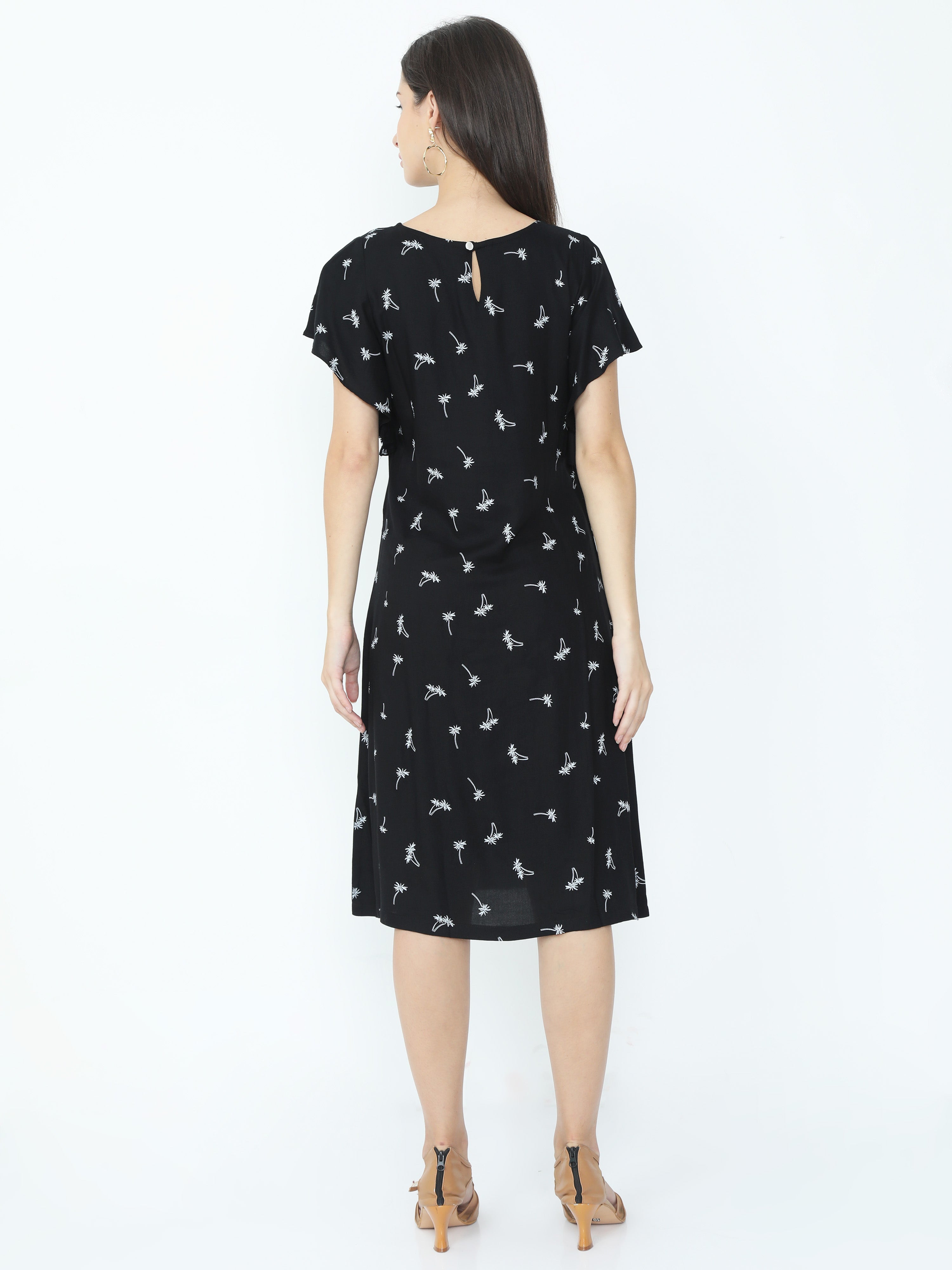 Elegant Office Wear Printed Butterfly Frilled Sleeves Keyhole loop Button Dress