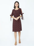 Cherry Print Tie Style Cold Shoulder Sleeves and Pleated Neck Dress