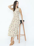 Allover Floral Striped Ankle Length Sleeveless Designer Back Dress