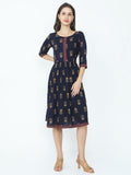 Floral Printed A-line Elegant Border On Sleeves and Lapel Dress