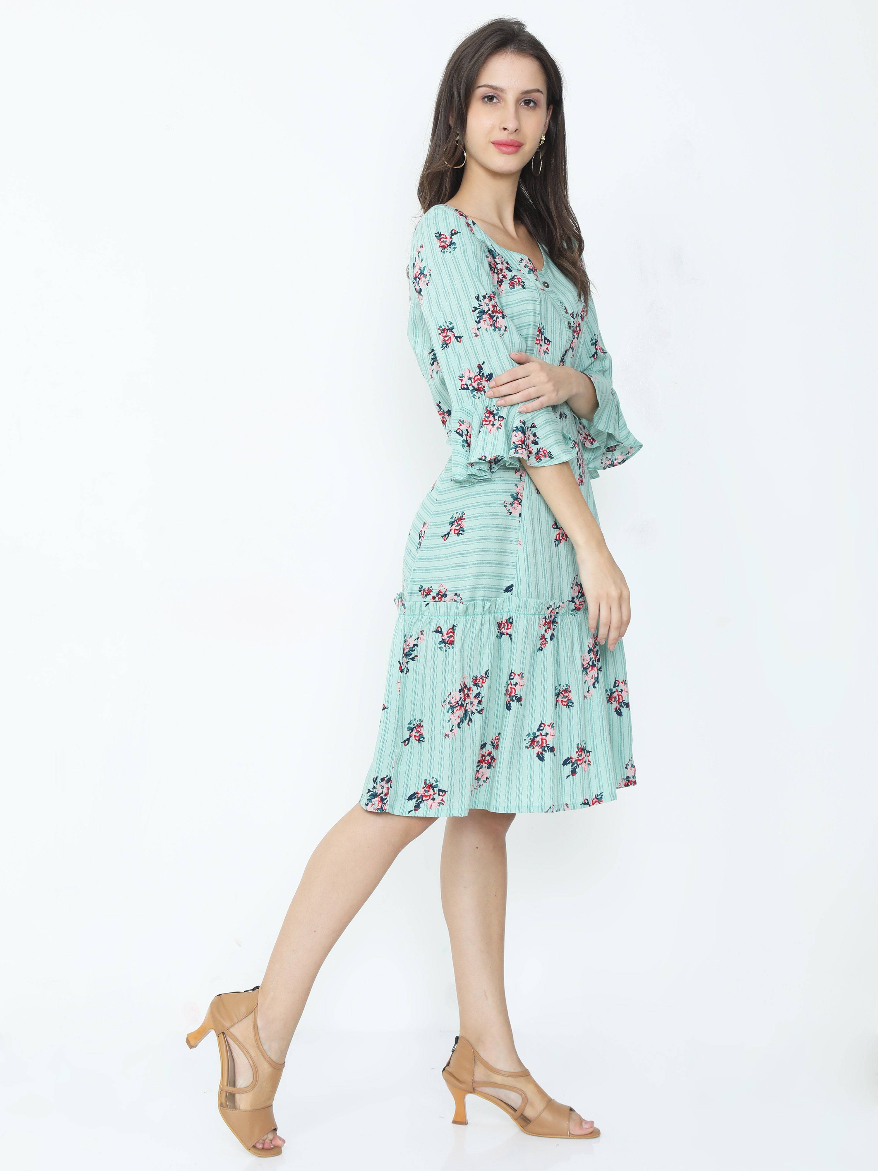 Boat Neck with Lapel Button Bell Sleeves Floral Striped Dress