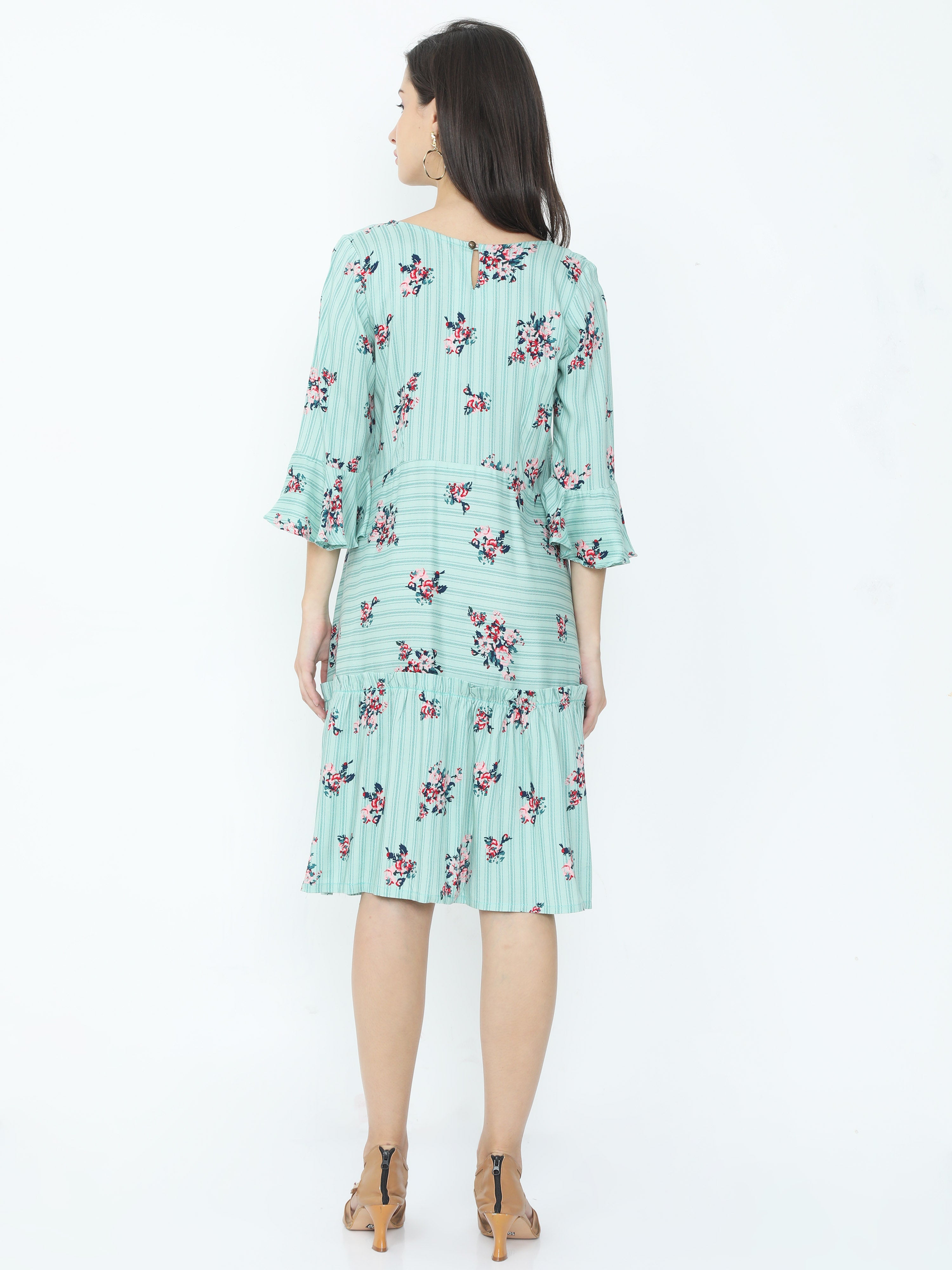 Boat Neck with Lapel Button Bell Sleeves Floral Striped Dress