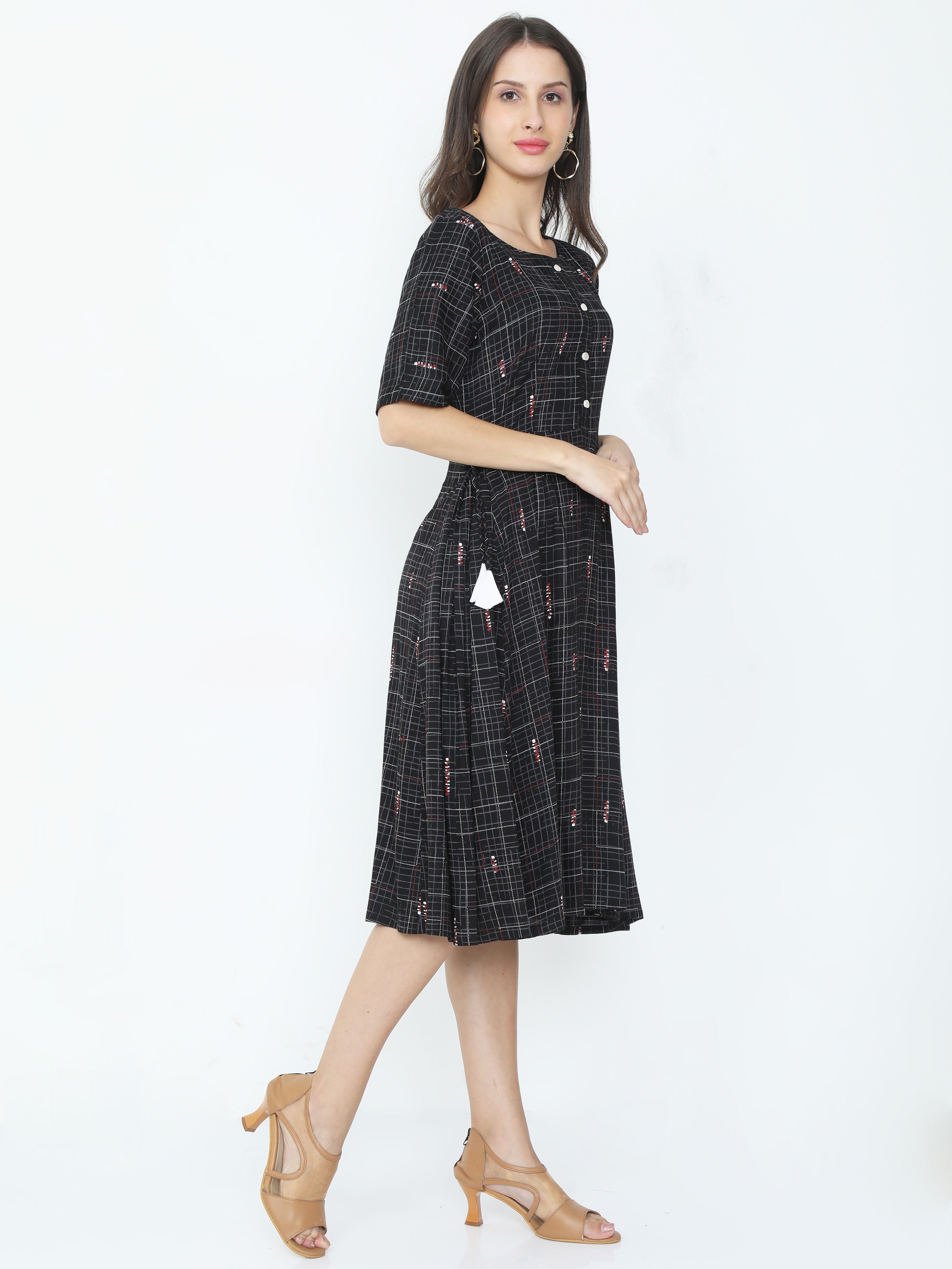 Conversational Printed Boat Neck with Lapel Button and Side Adjustable Gather A-line Dress
