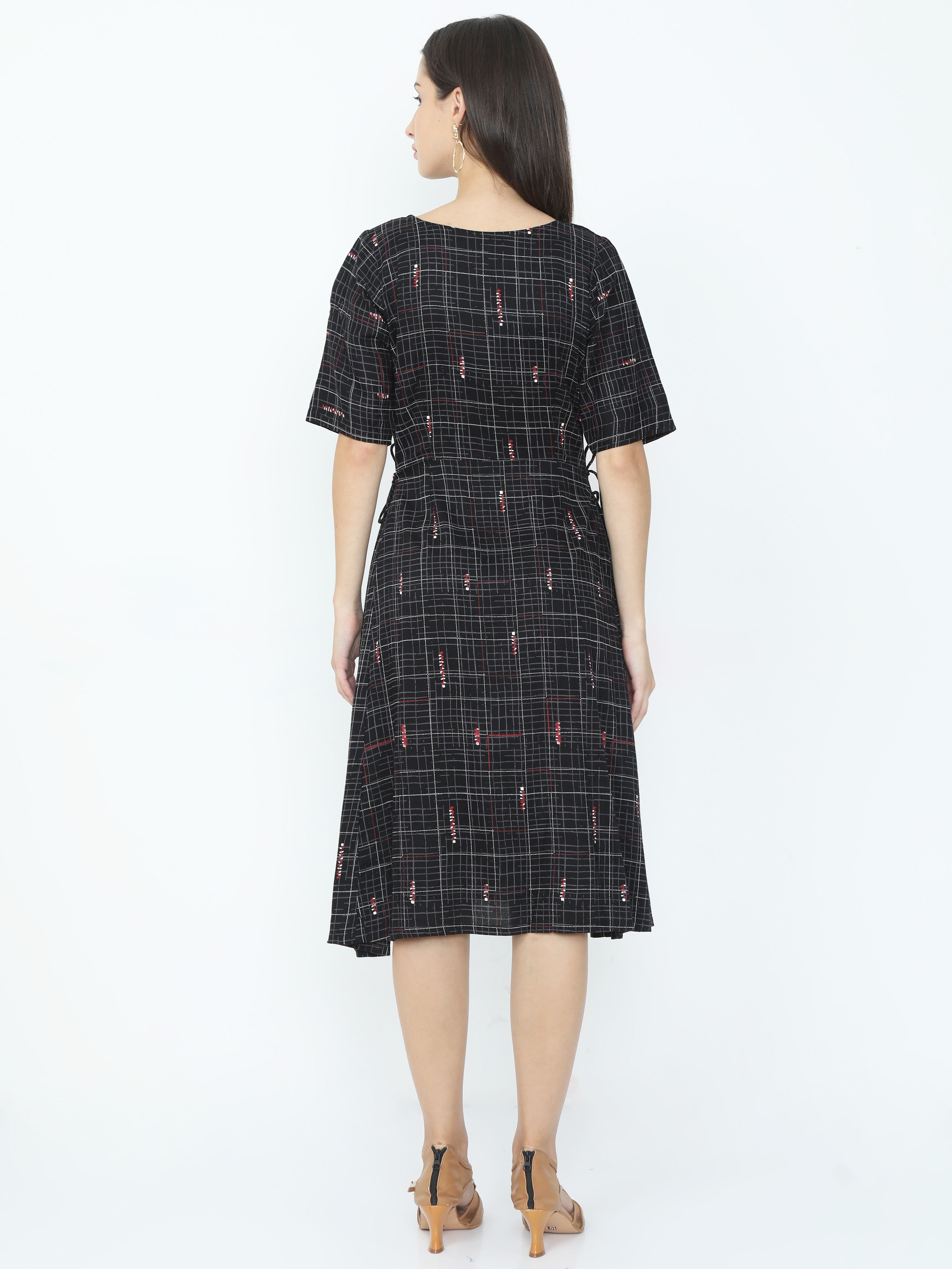 Conversational Printed Boat Neck with Lapel Button and Side Adjustable Gather A-line Dress
