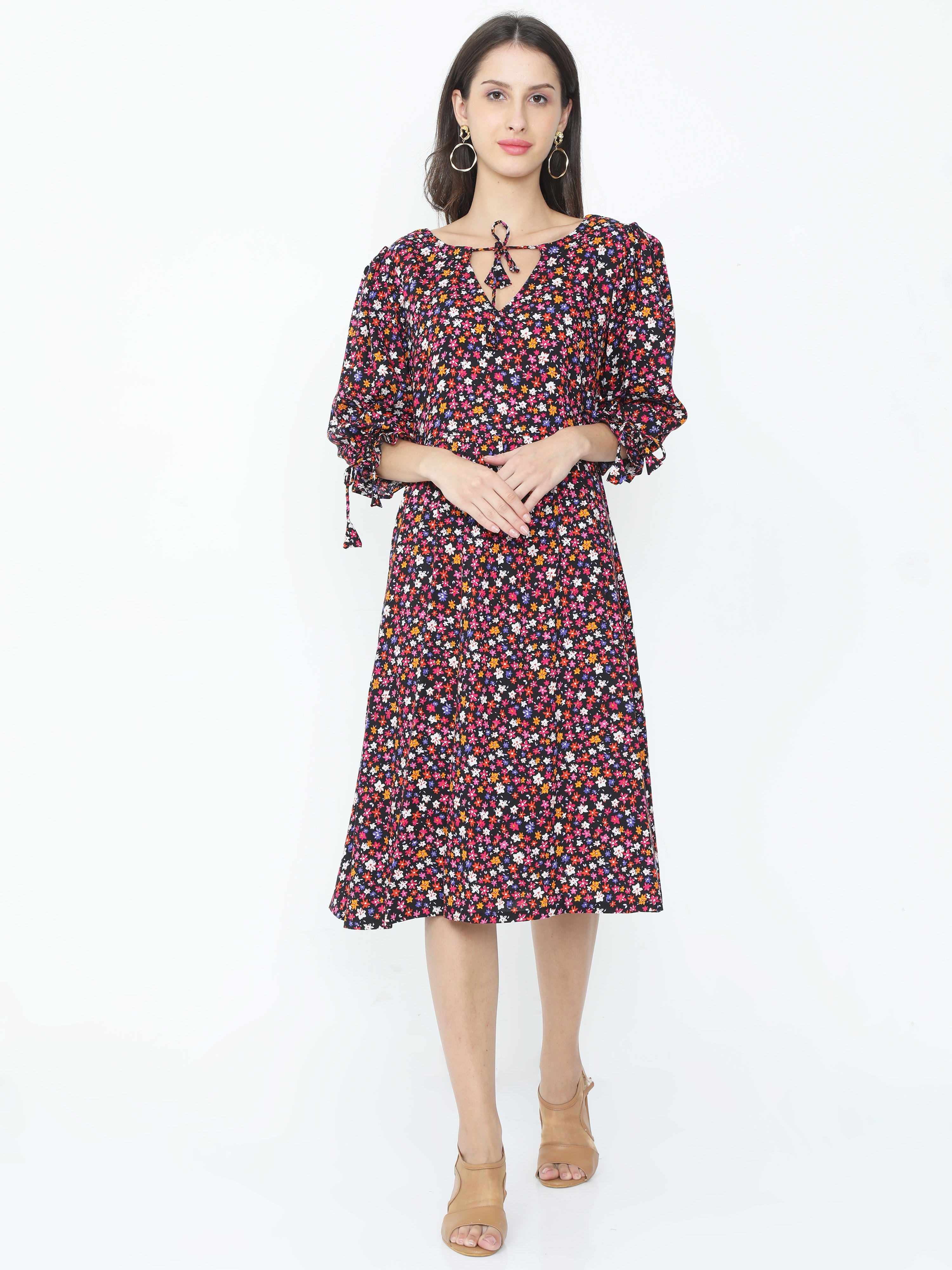 Allover Abstract Floral Puff Tie Sleeves A-line Dress