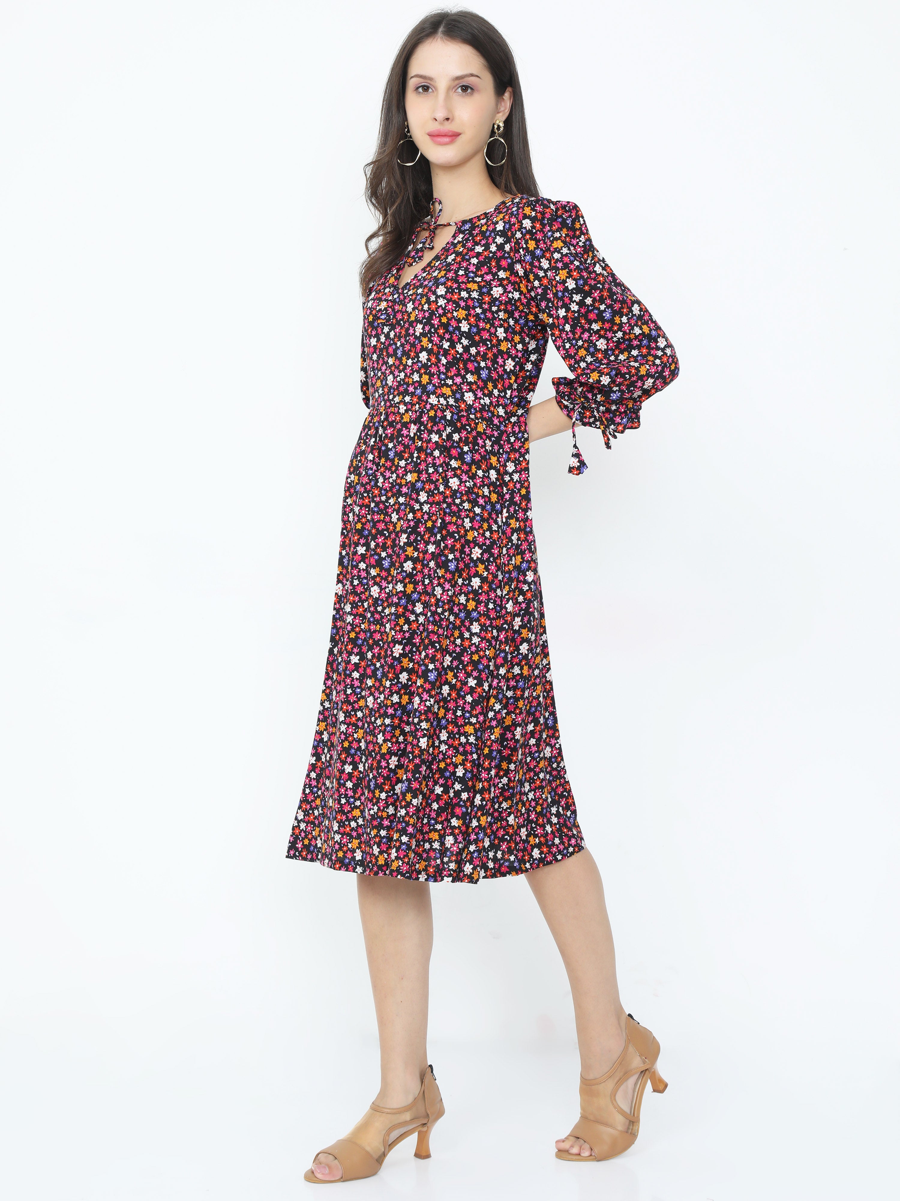Allover Abstract Floral Puff Tie Sleeves A-line Dress