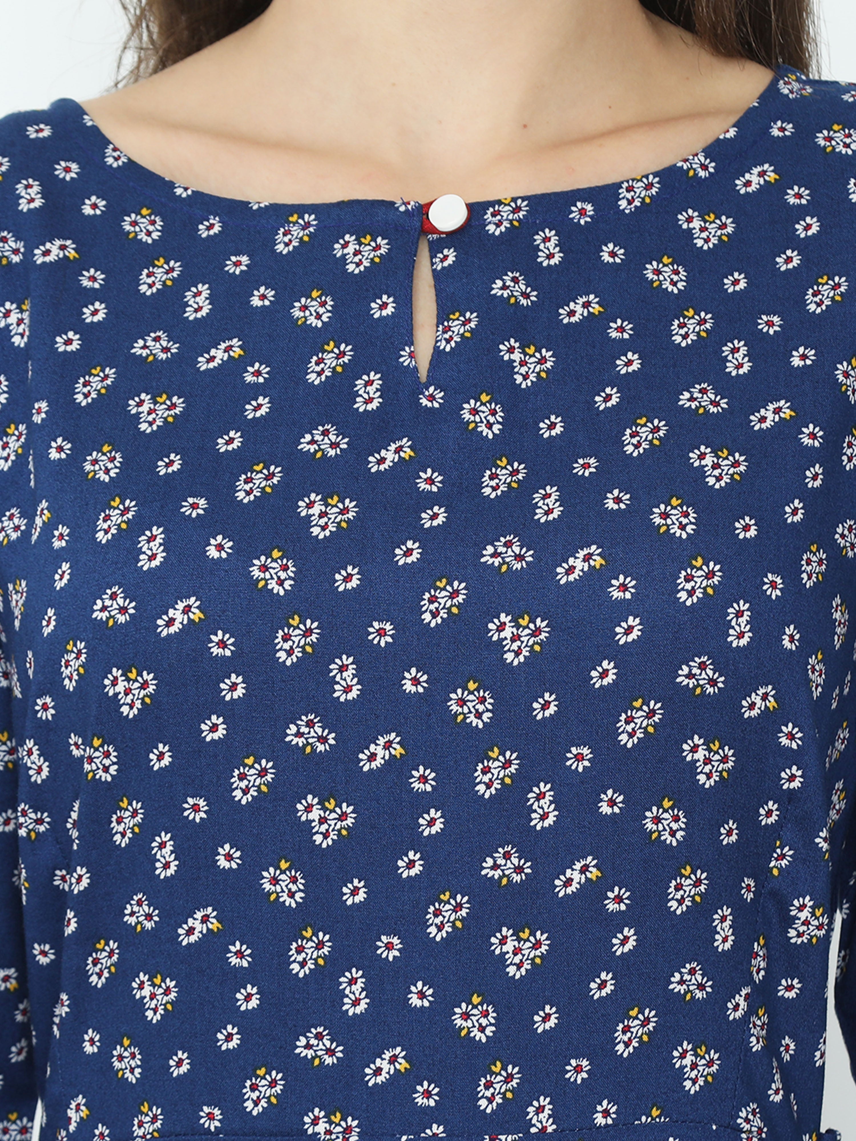 Elegant Blue Floral Office Wear Keyhole Button Dress
