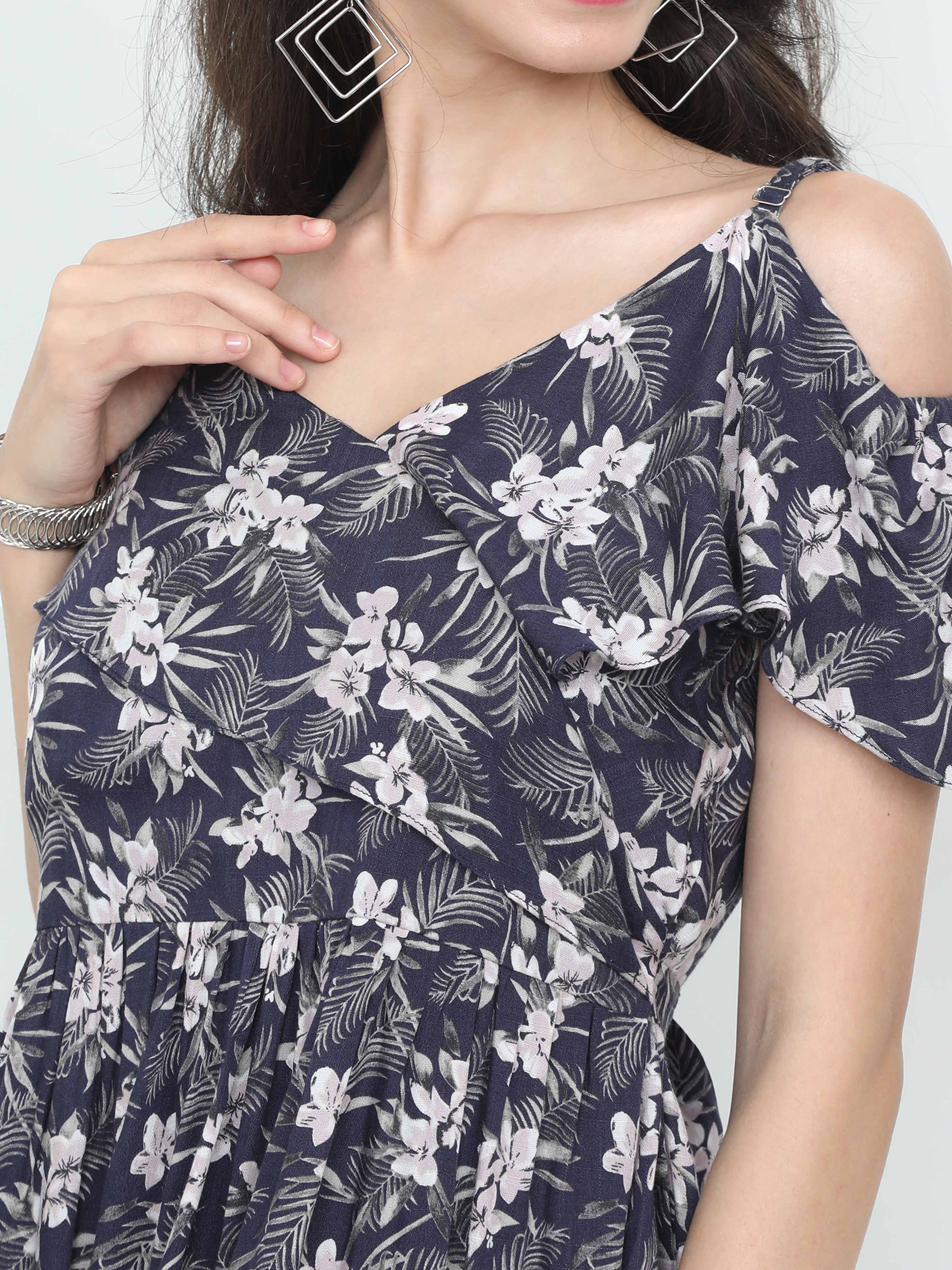 Fashionista - Botanical Printed Strap Shoulder Elegant Multi Layer Frilled Dress