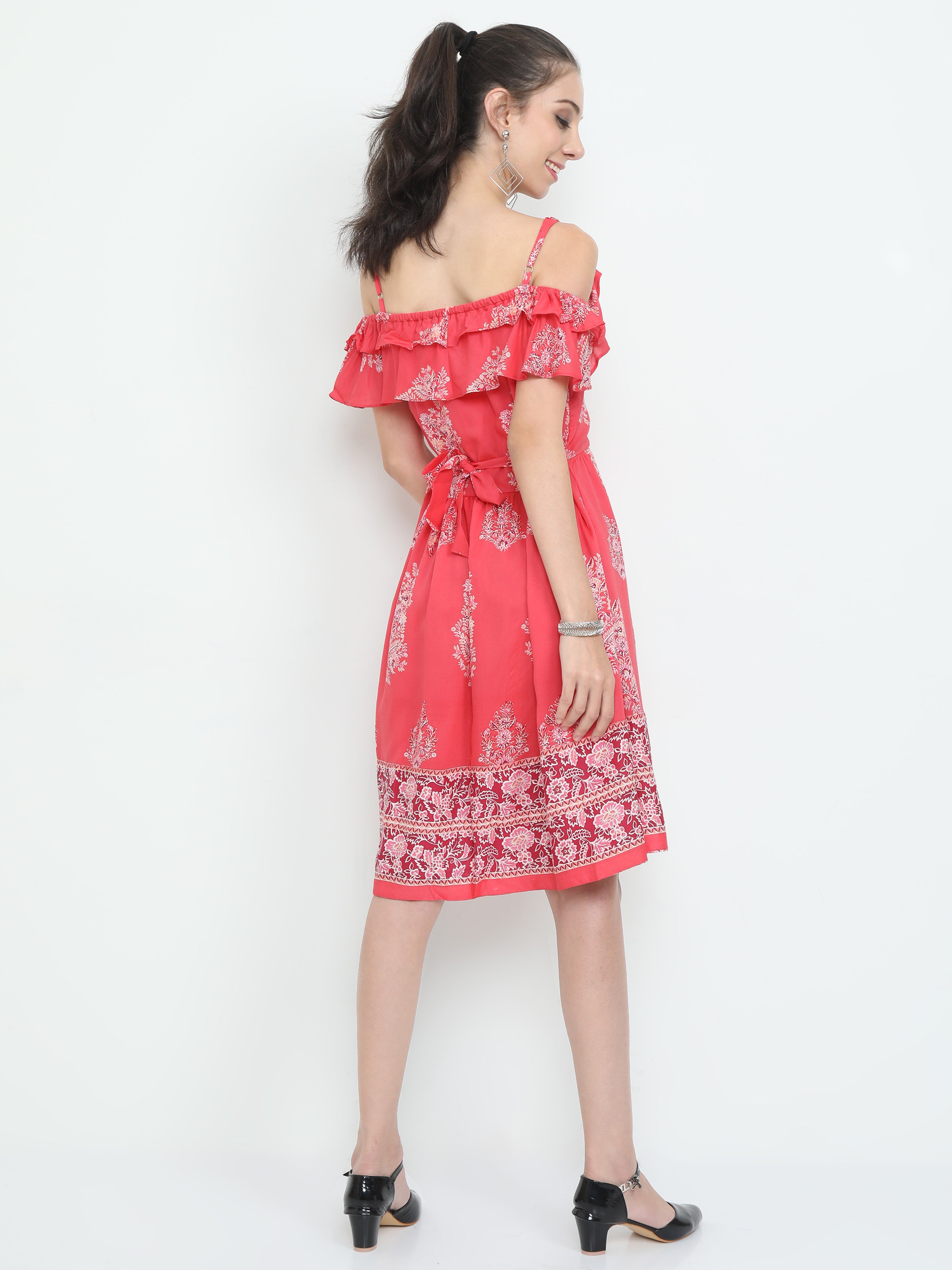 Sweet16 - Botanical Printed Strap Shoulder Elegant Multi Layer Frilled Dress