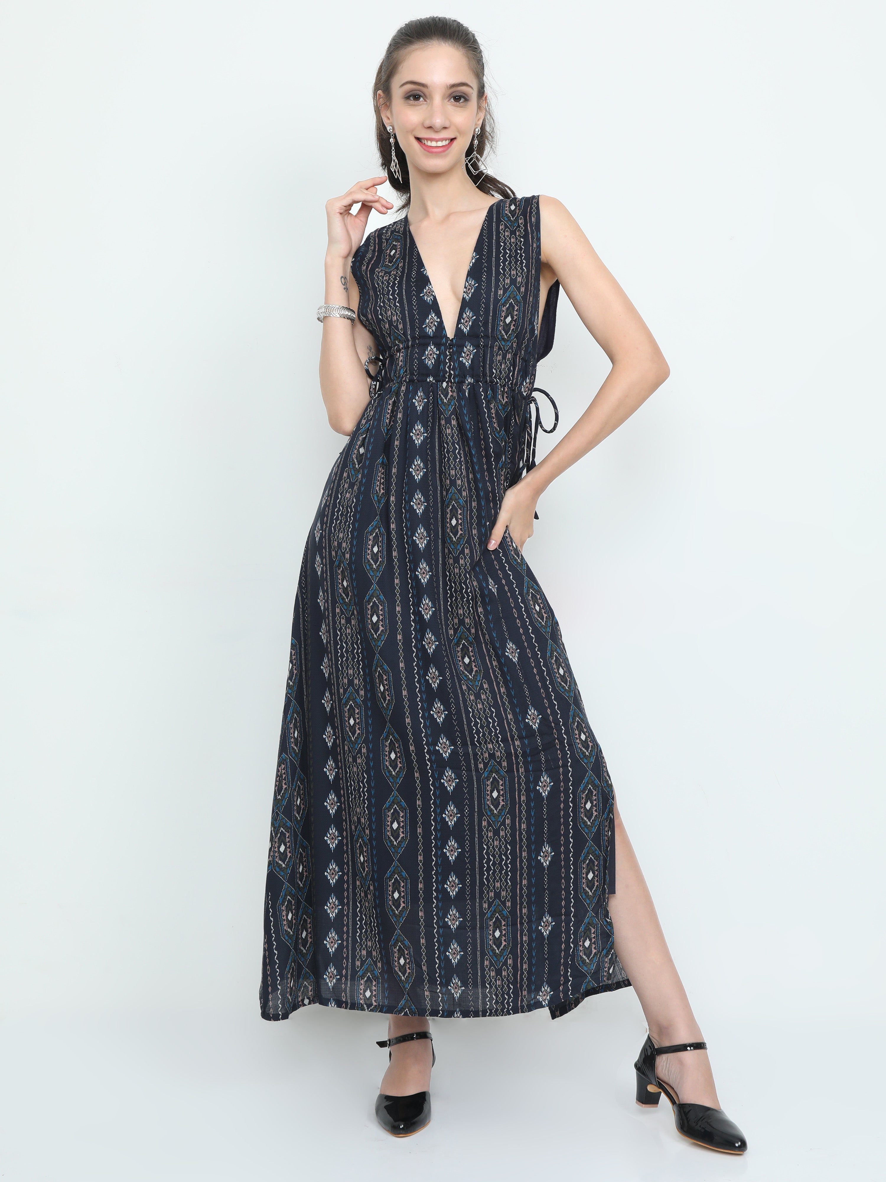 Side Slit Deep Neck Adjustable Waist Conversational Printed Dress