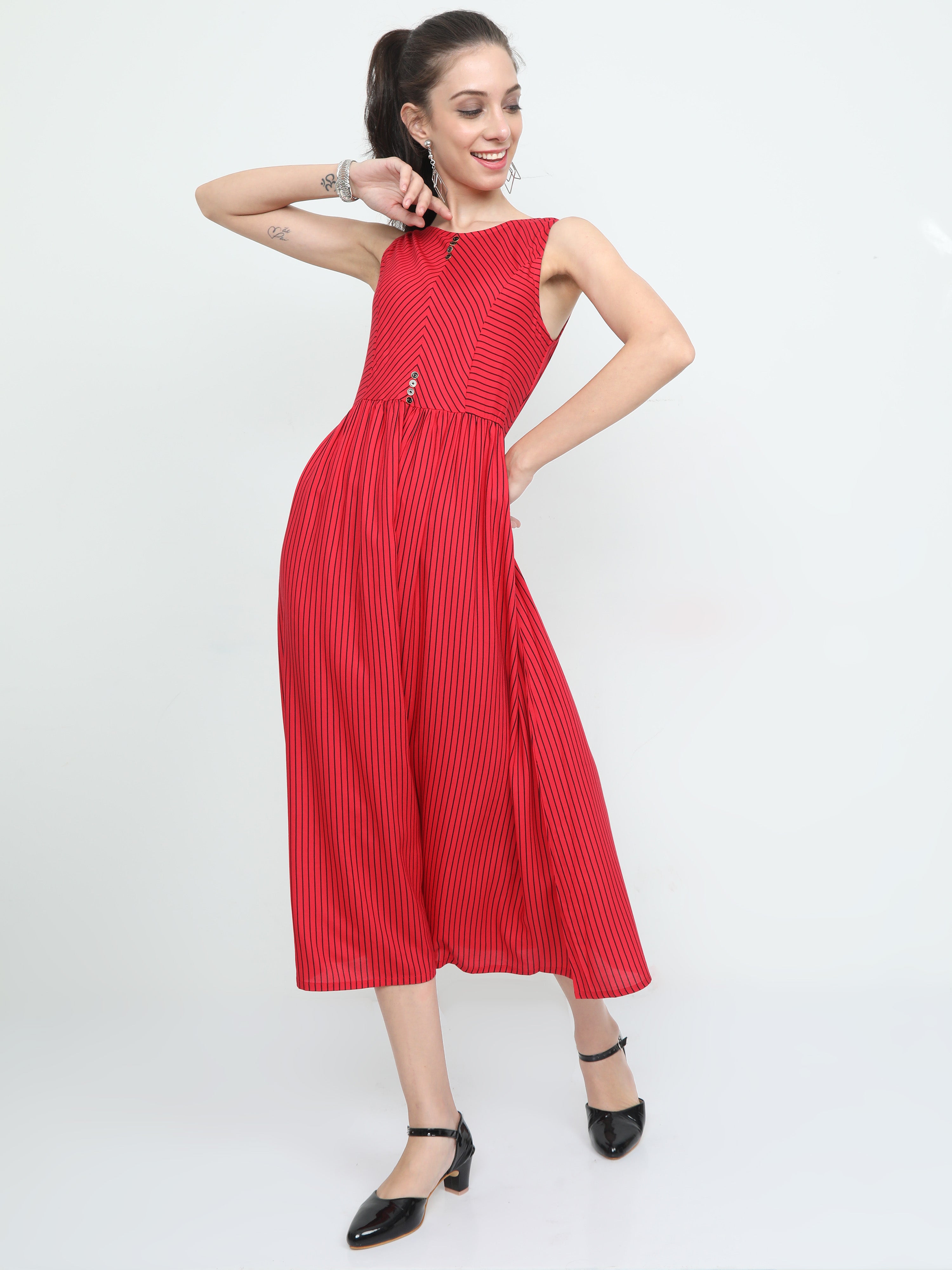 Fashionista - Designer Back Striped Ankle Length Sleeveless Button Dress