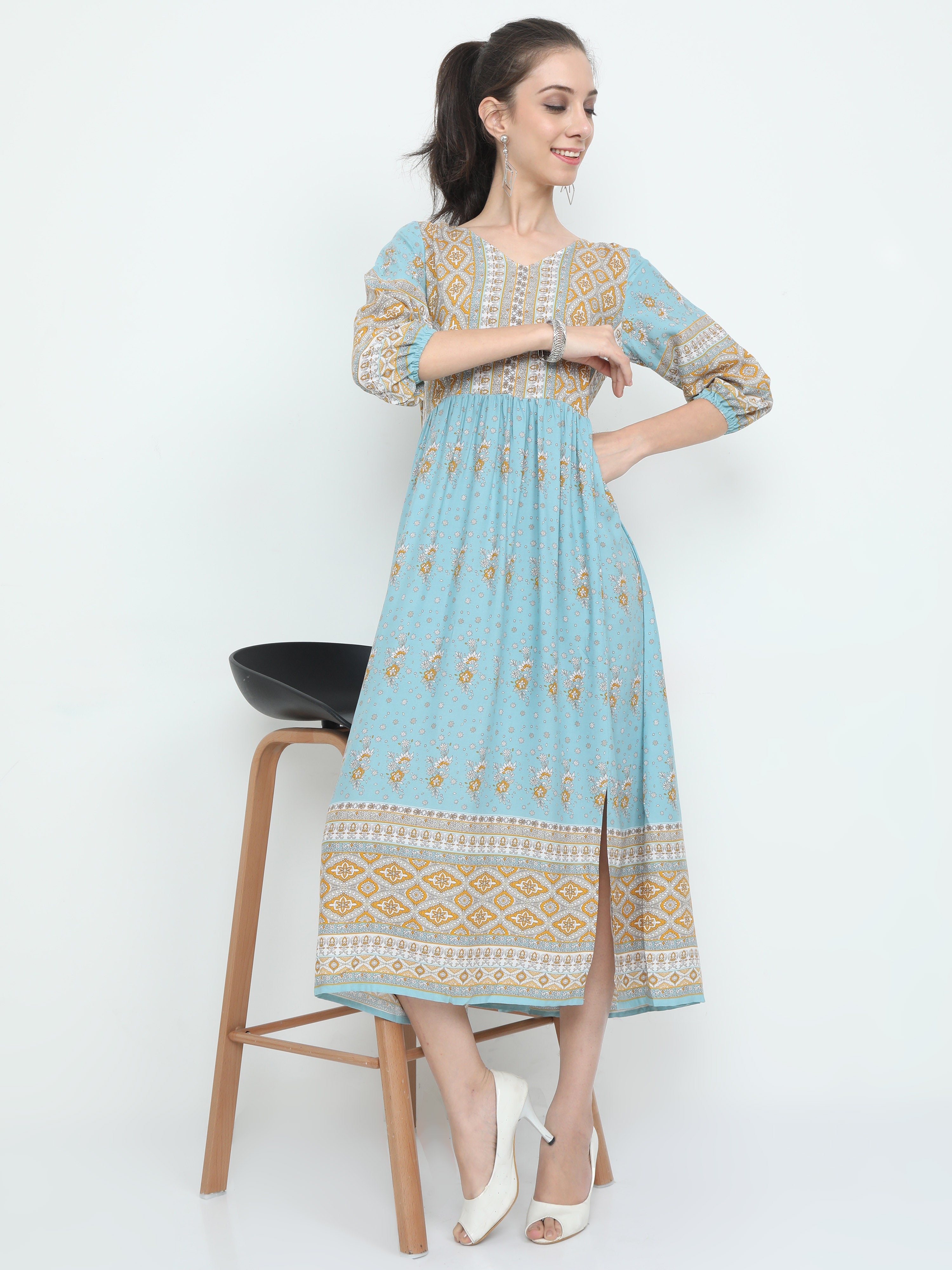 Fashionista - Botanical Printed Maxi Style Elegant Border Dress