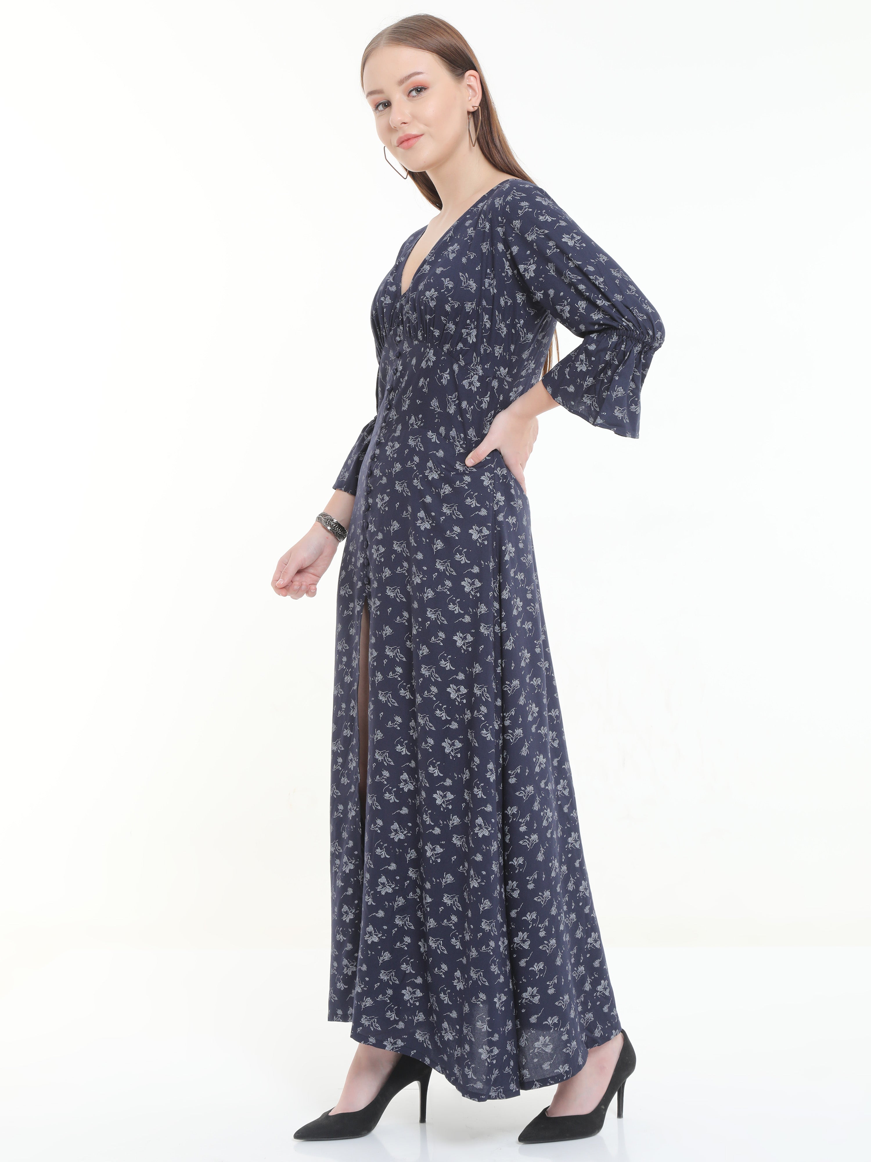 Fashionista - Allover Print Centre Slit Bell Sleeve Elegant Party Wear Dress