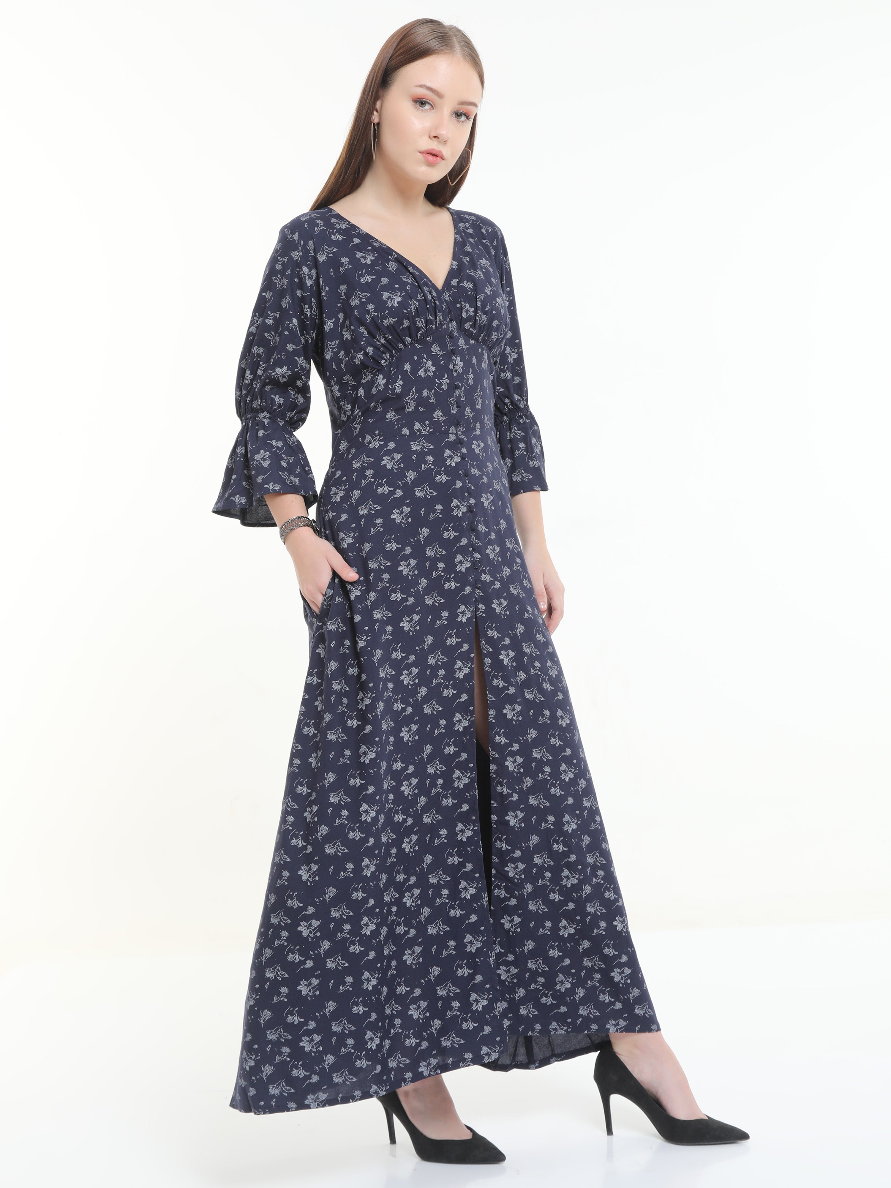 Fashionista - Allover Print Centre Slit Bell Sleeve Elegant Party Wear Dress