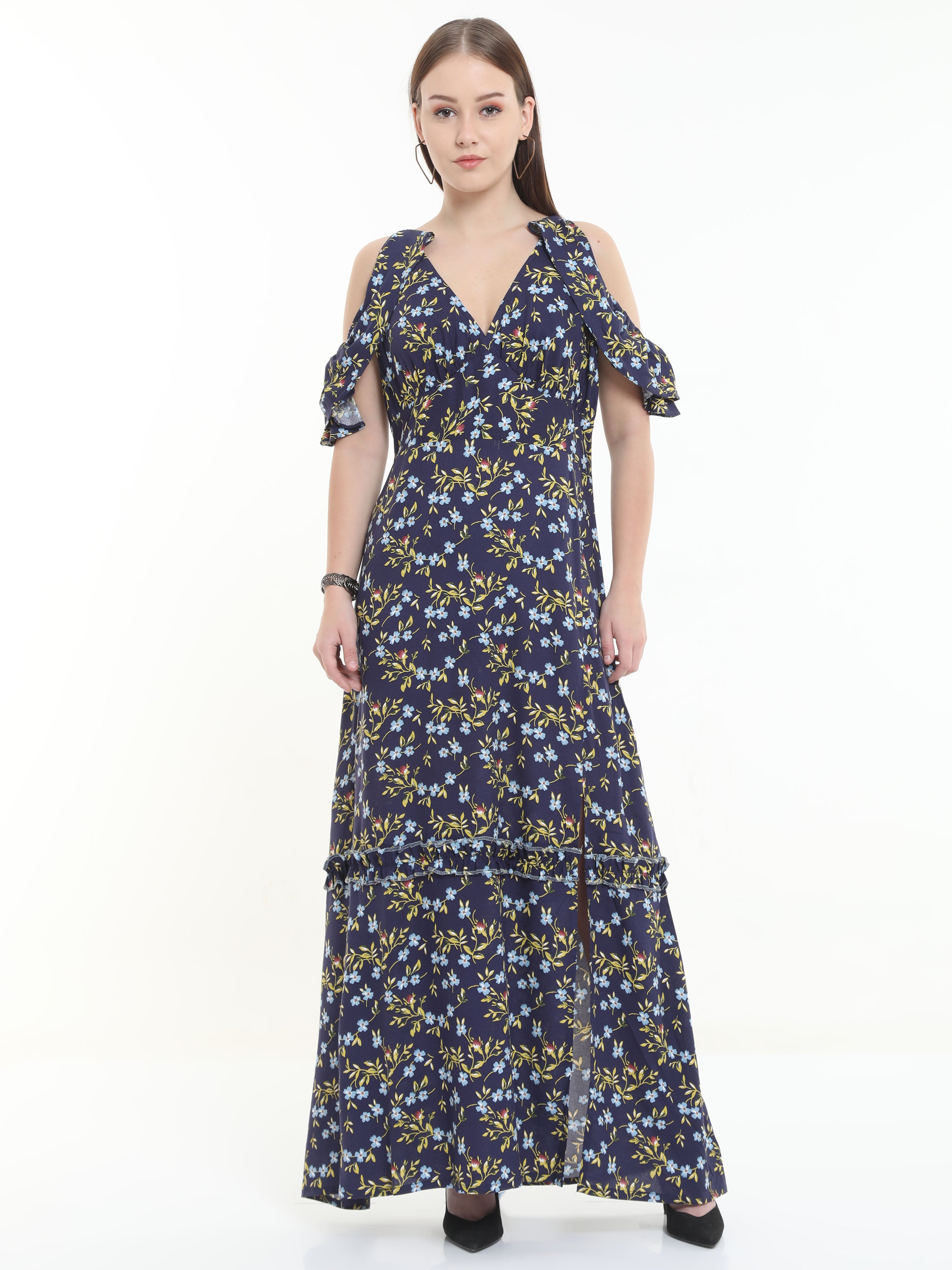 Elegant Maxi Style Long Gown Strap Cold Shoulder Dress