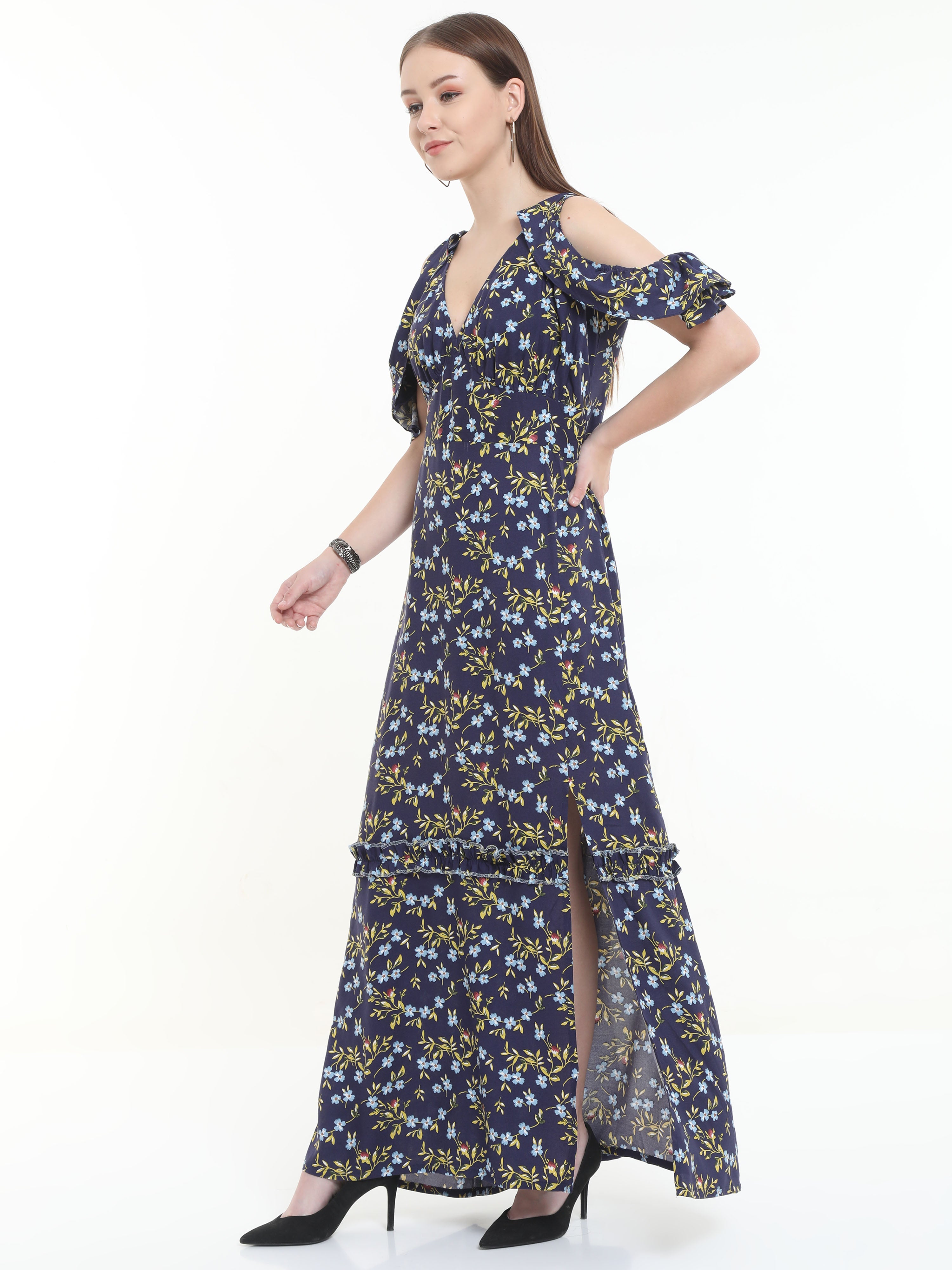 Elegant Maxi Style Long Gown Strap Cold Shoulder Dress
