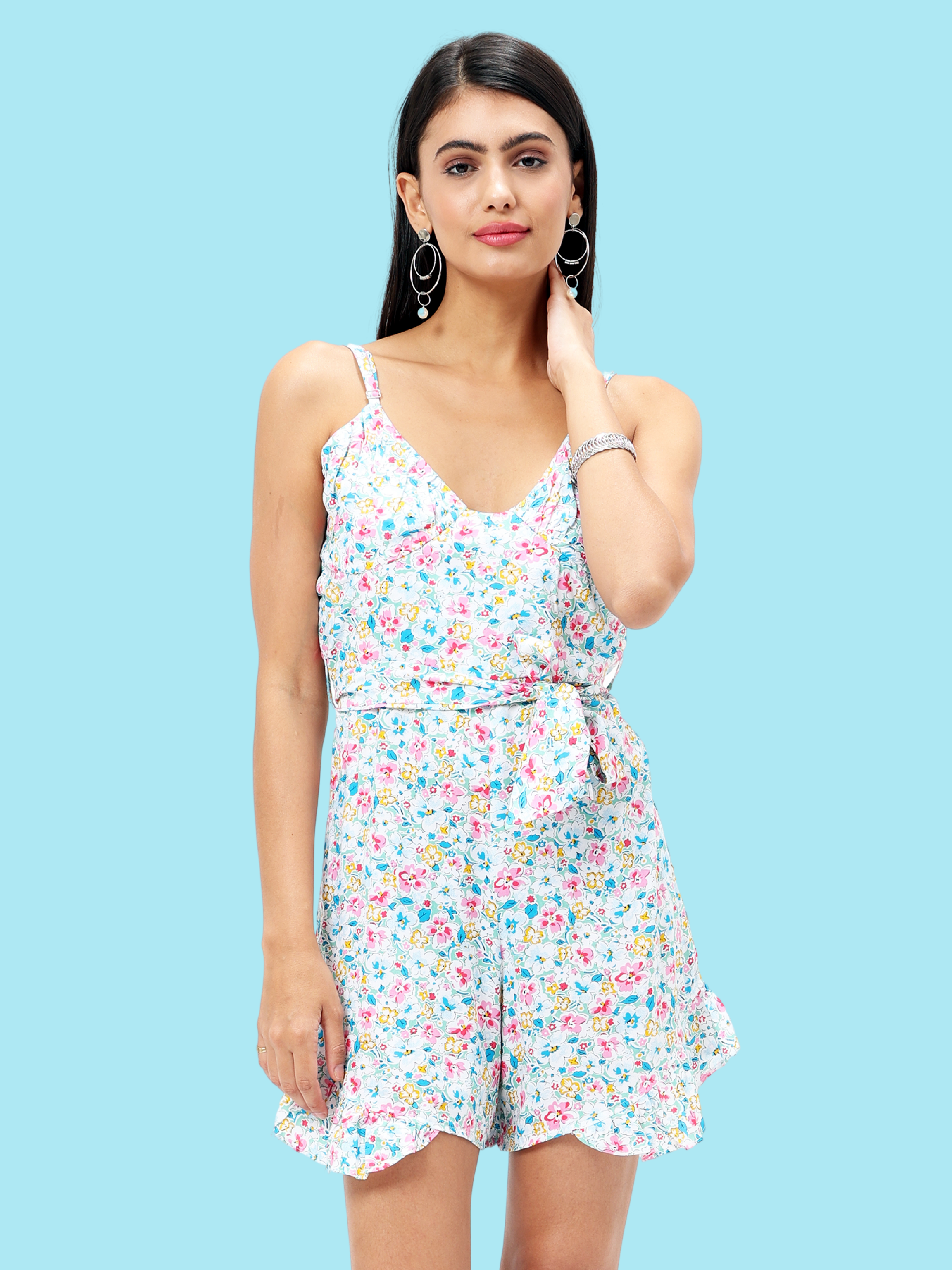 The Trendy Treasure - Radhella Women's Floral Printed Frill Detail Playsuit
